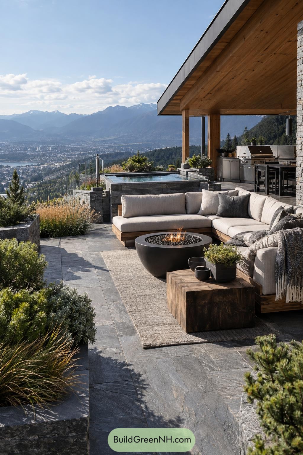 Mountain terrace with spa fire pit lounge and outdoor kitchen
