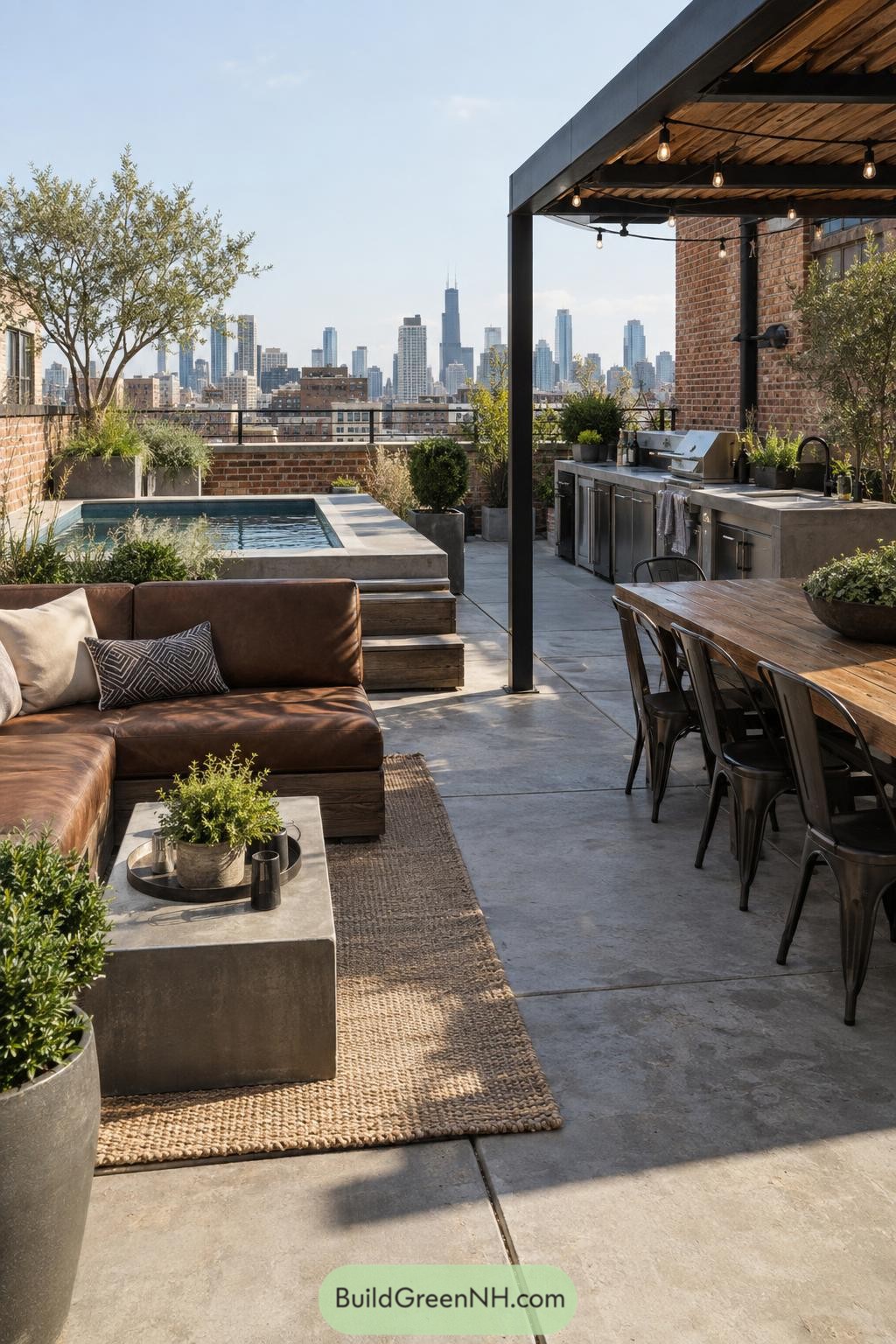 Rooftop terrace with plunge pool outdoor kitchen and city skyline views
