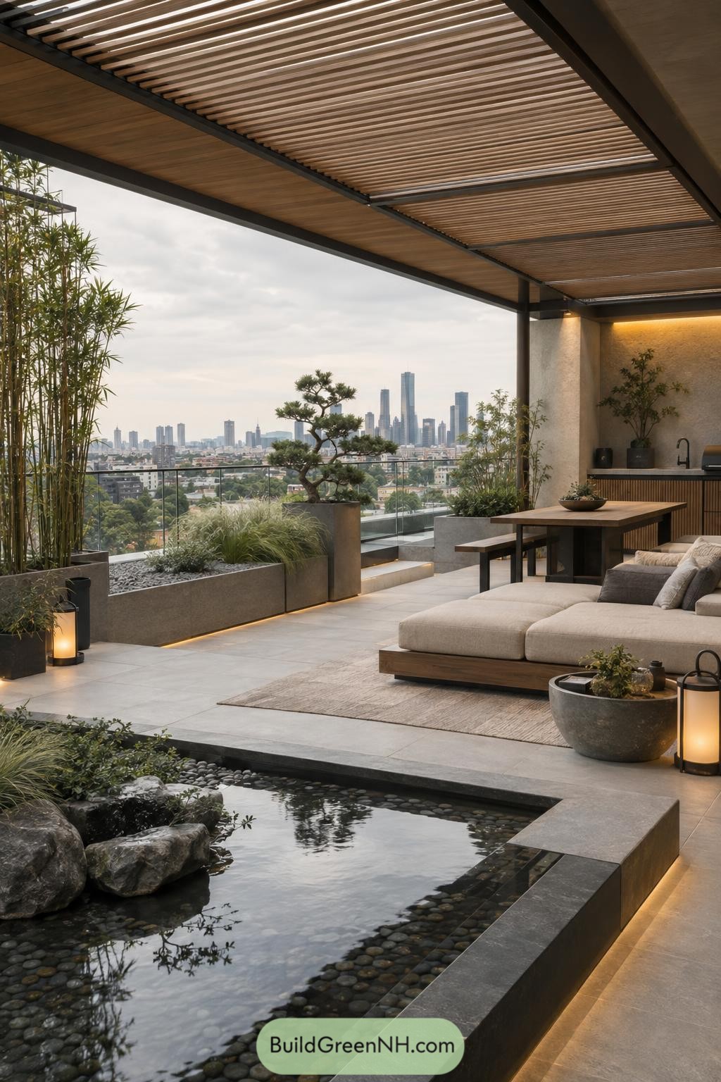 Modern rooftop terrace with reflecting pond and city view