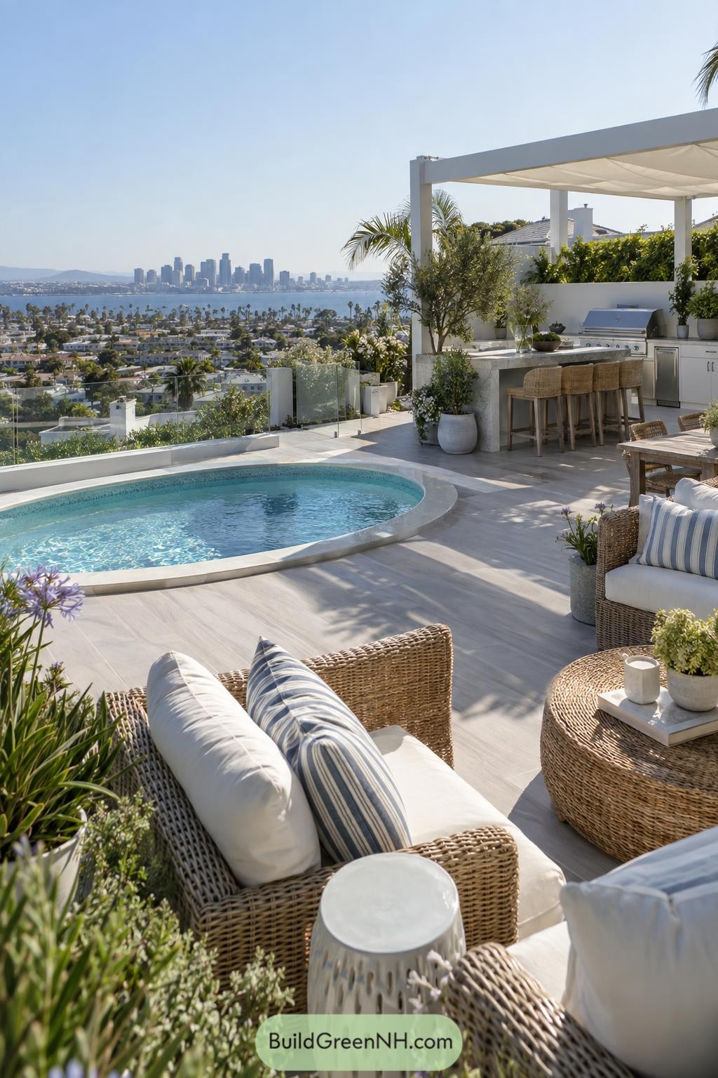 Rooftop terrace with plunge pool outdoor kitchen and bay views