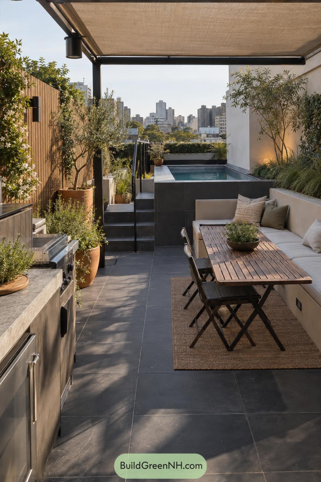 Rooftop terrace with dining area plunge pool and lush planters