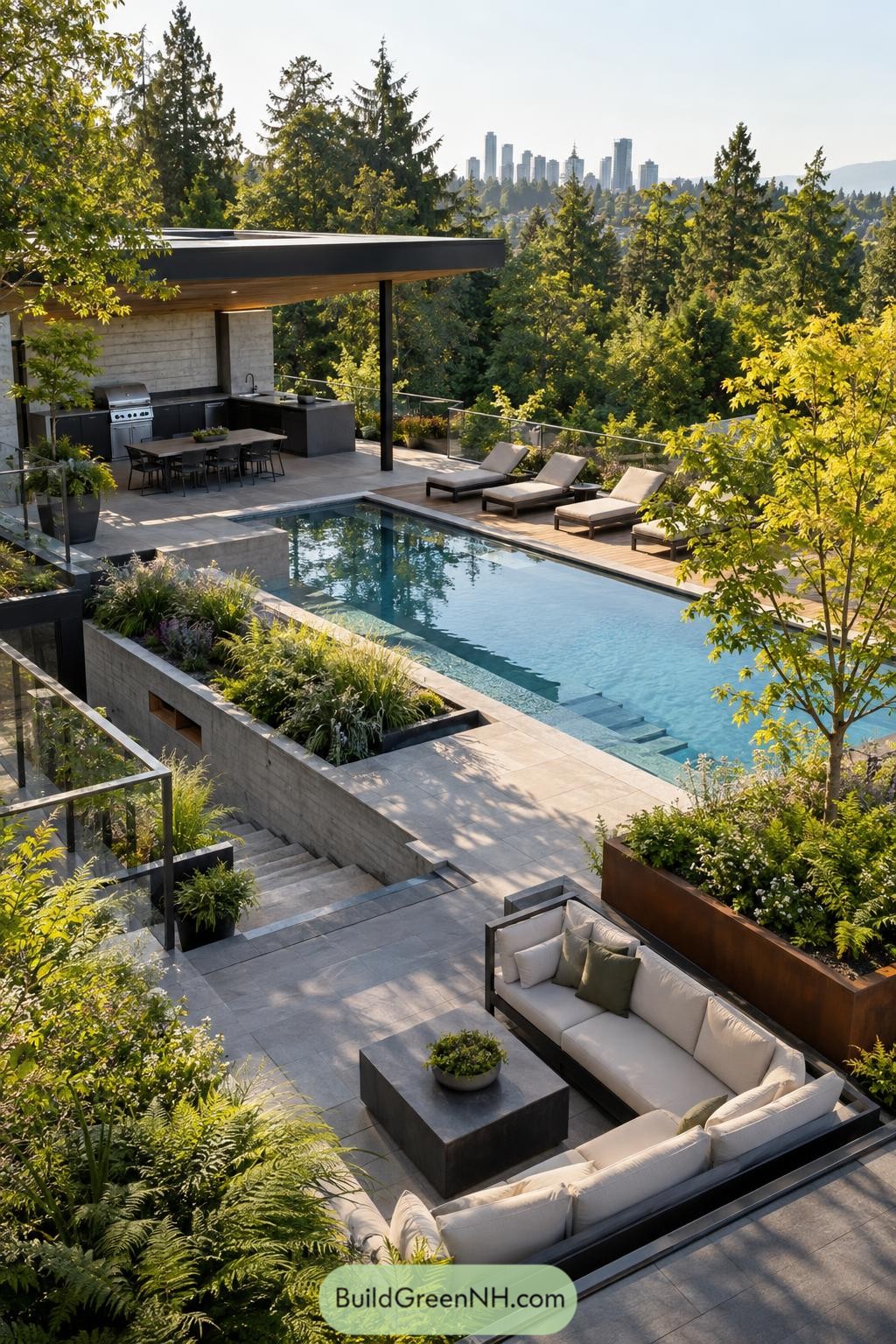 Tiered pool terrace with outdoor kitchen and forest views