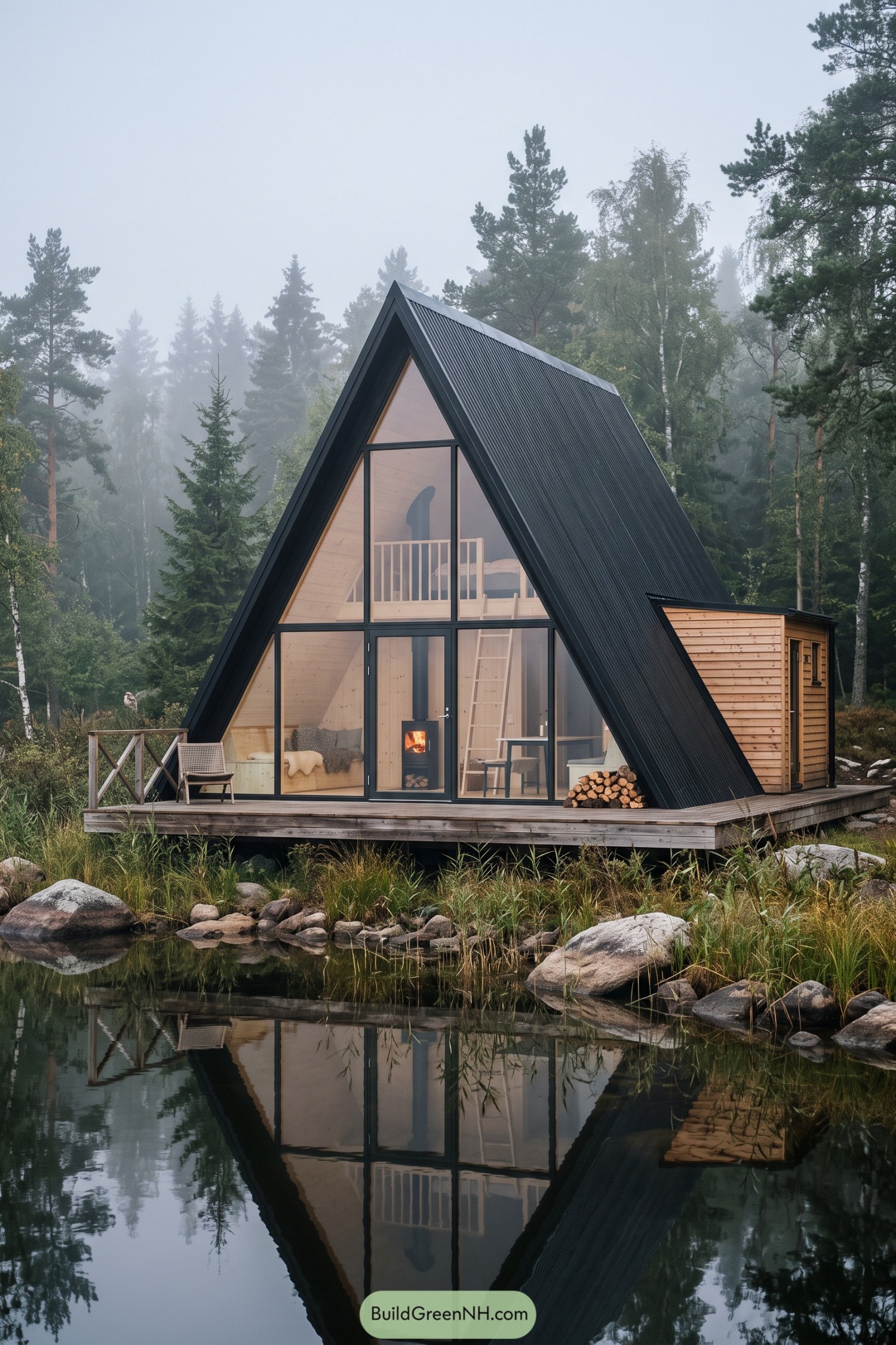 Black clad A frame cabin beside a misty woodland pond