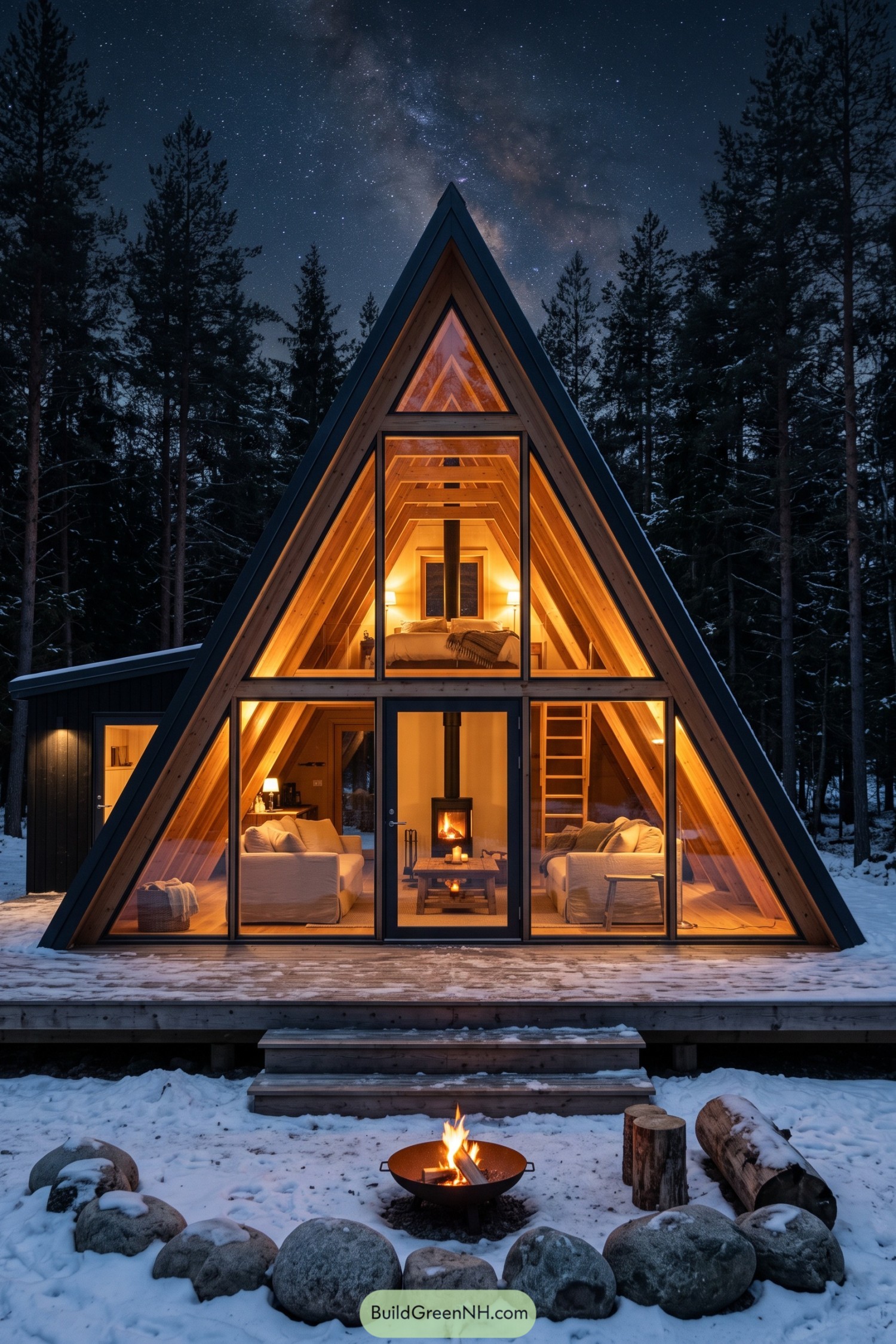 Glass-fronted timber A-frame cabin beneath a starry winter sky