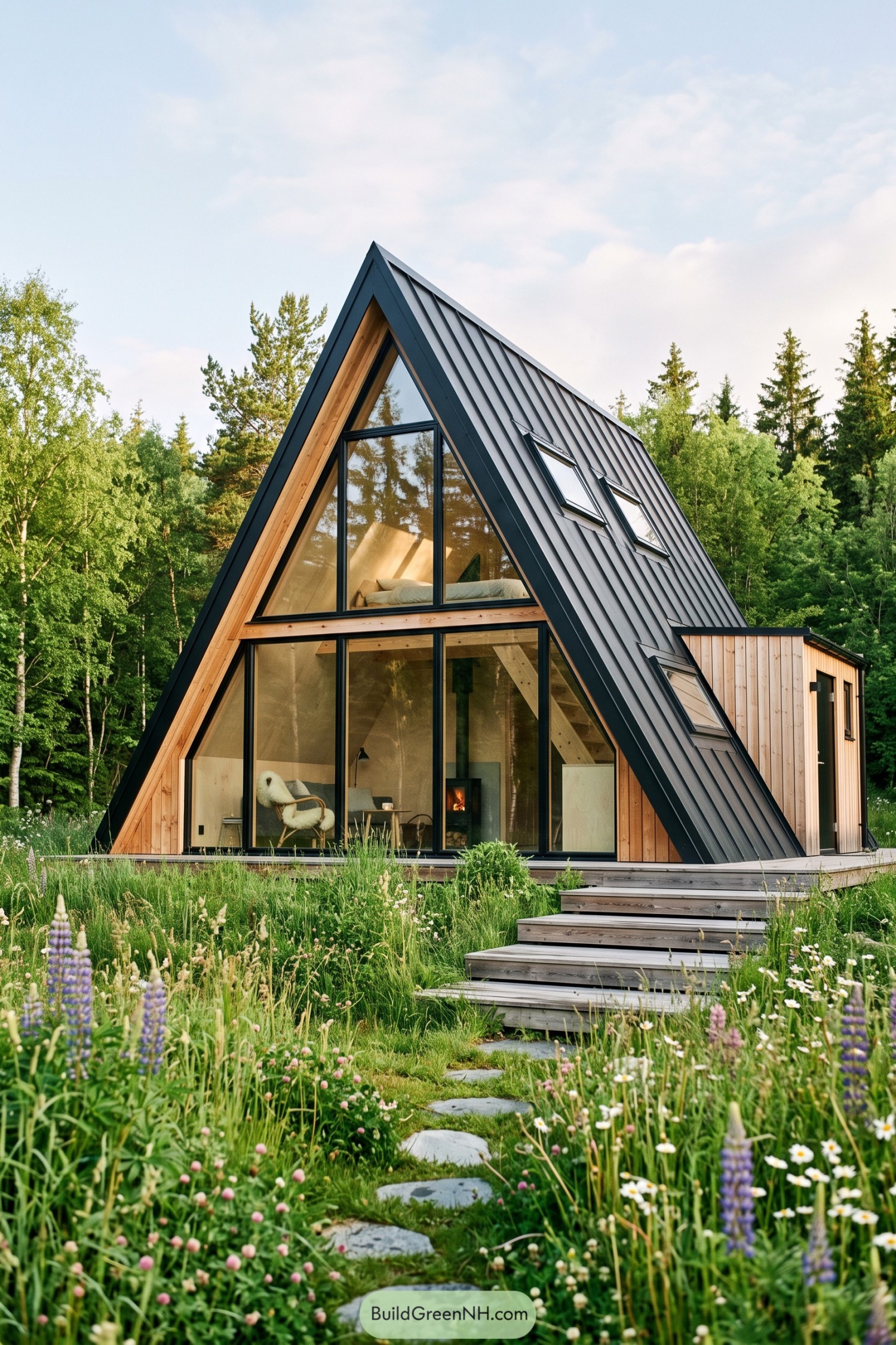 Black metal A frame cabin in a wildflower meadow