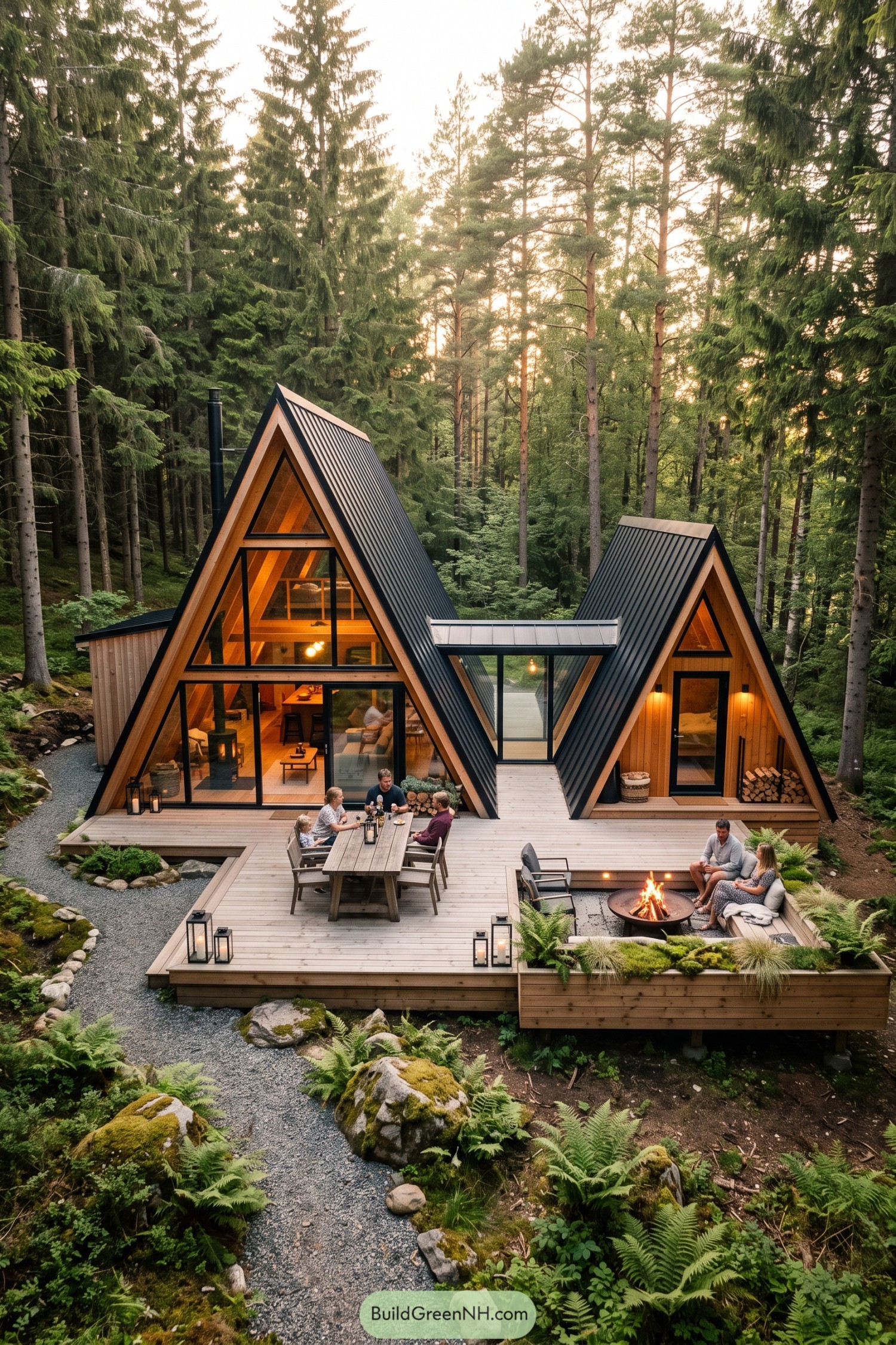 Two connected A-frame cabins with a deck and fire pit in evergreen woods