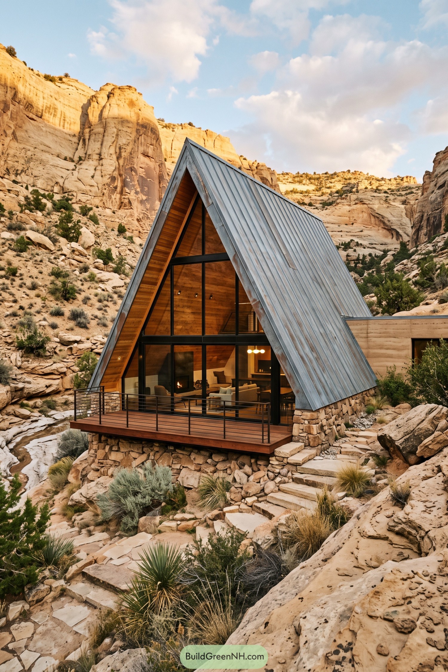 Steel-clad A-frame cabin beneath sandstone cliffs