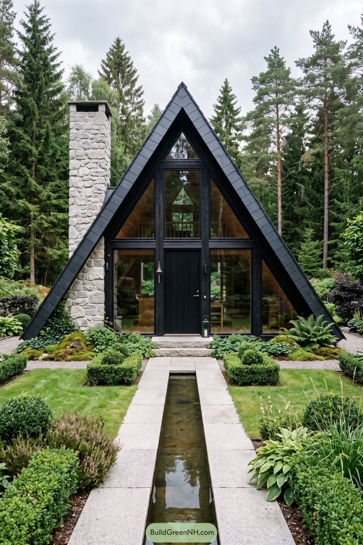 Black A frame cabin with stone chimney and water rill