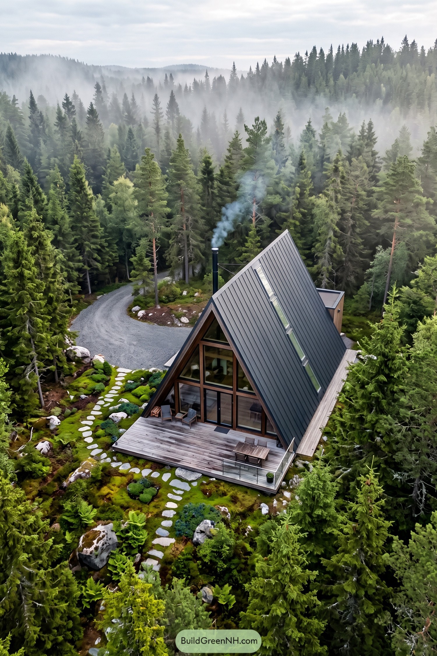 Modern A frame cabin nestled in misty pines