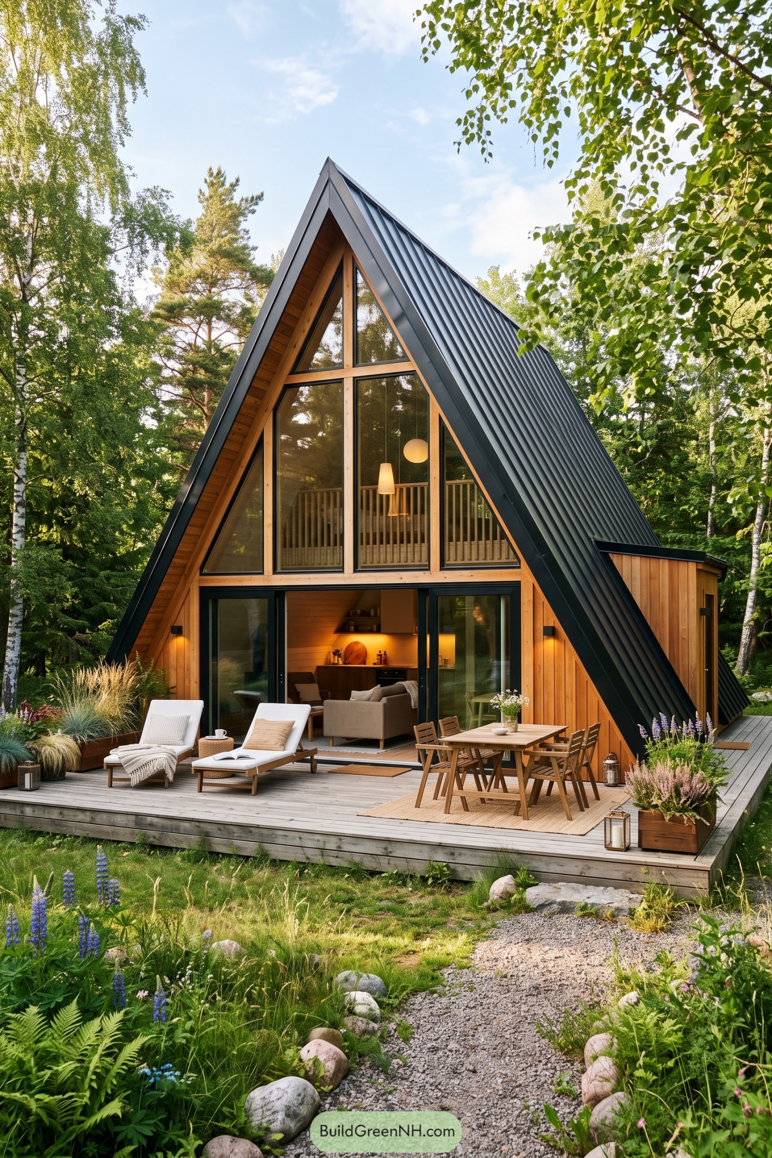 Black metal A frame with timber glazing and deck in birch woodland