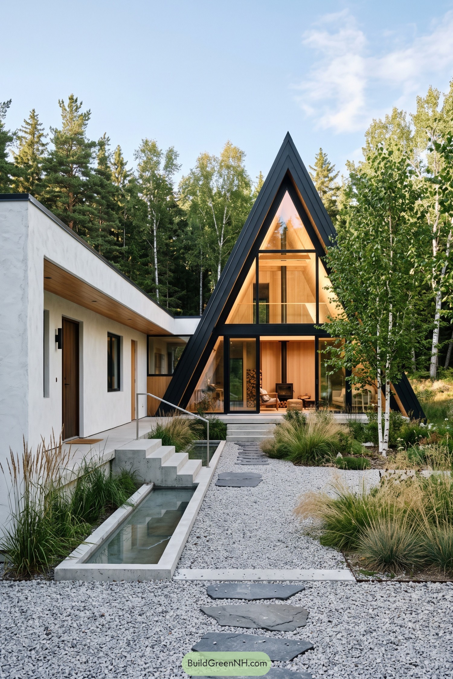 Black framed A frame beside a white courtyard wing