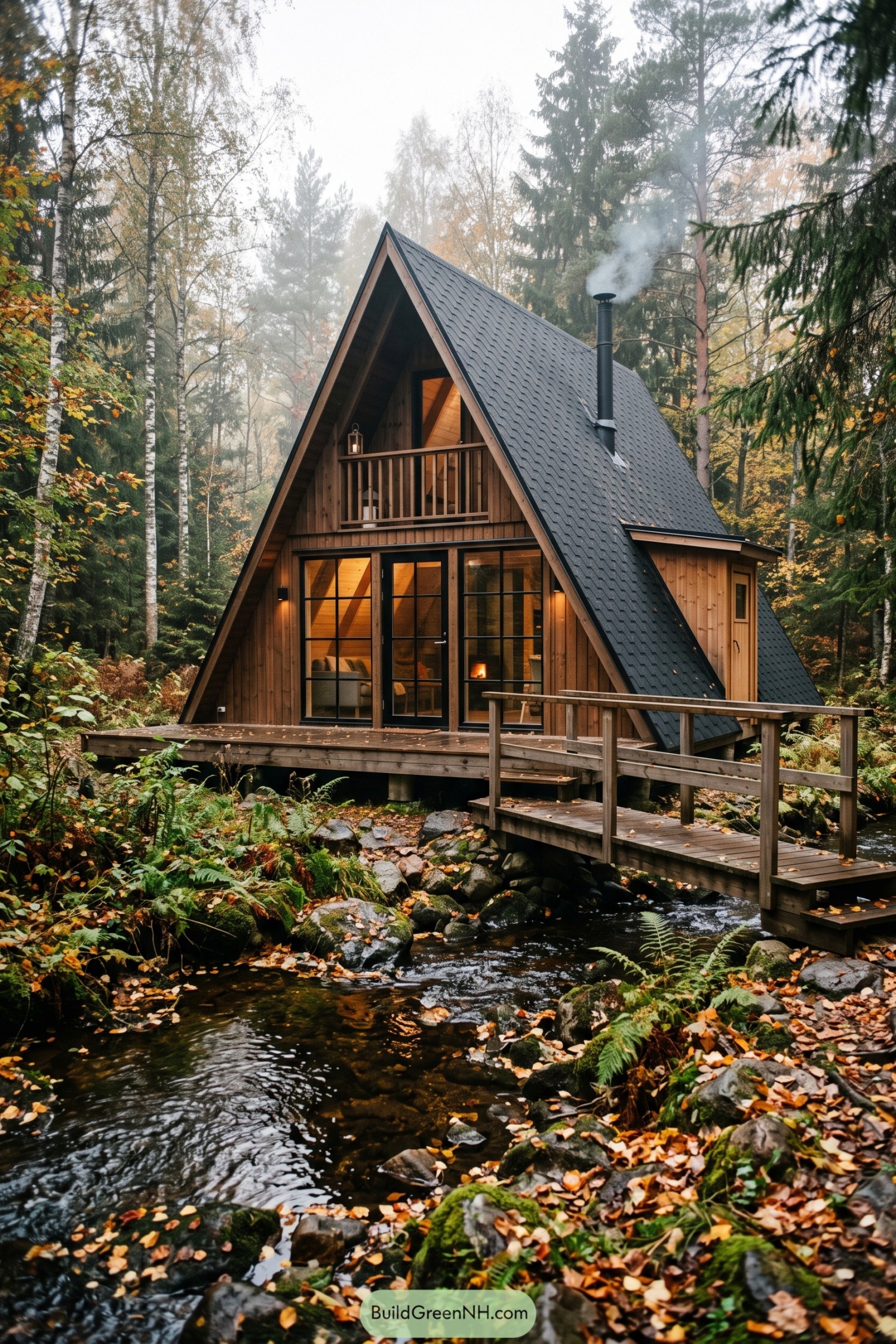 Wood-clad A-frame cabin beside a forest stream with a dark roof and bridge deck