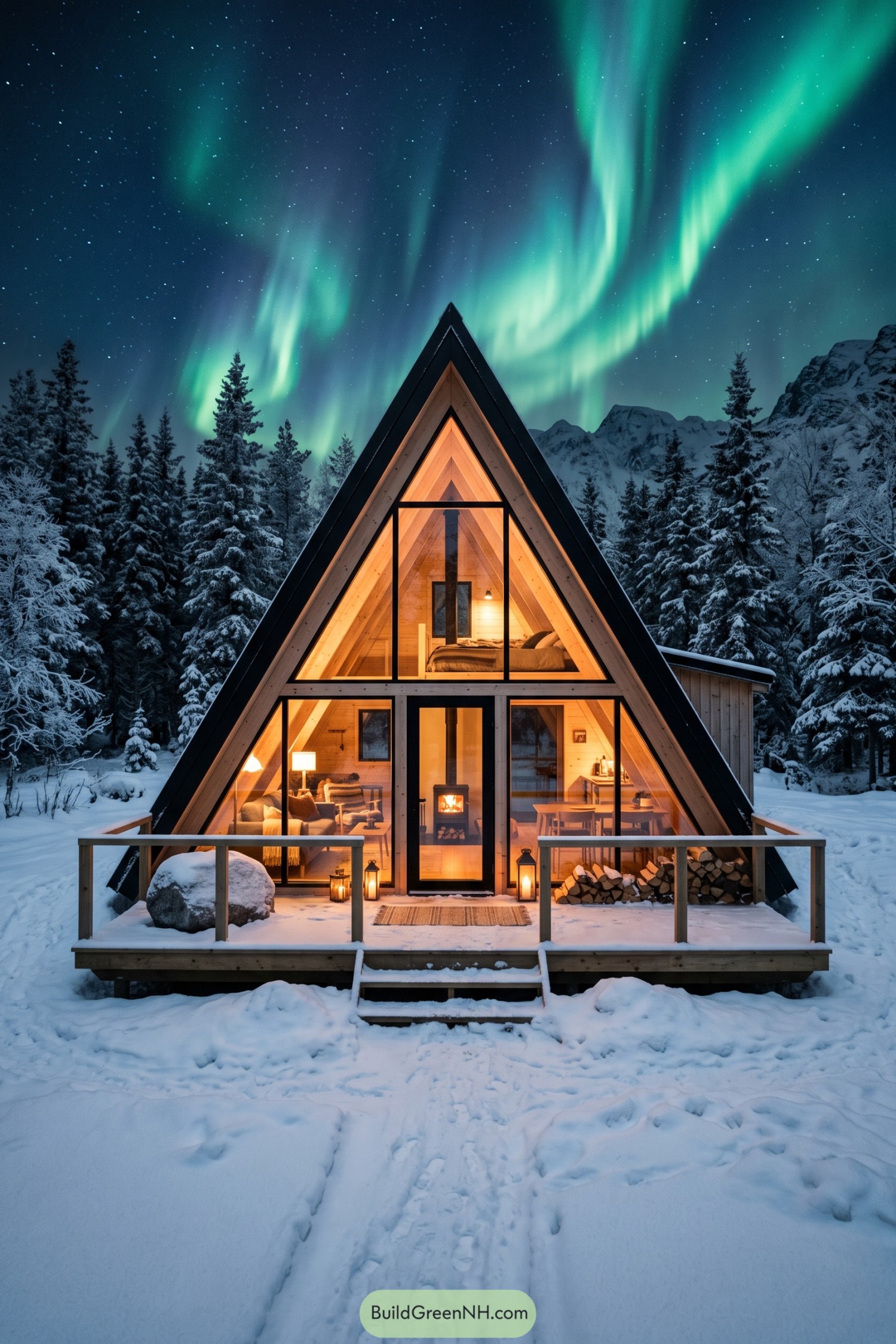 Snowy A frame cabin with glowing interiors beneath the northern lights