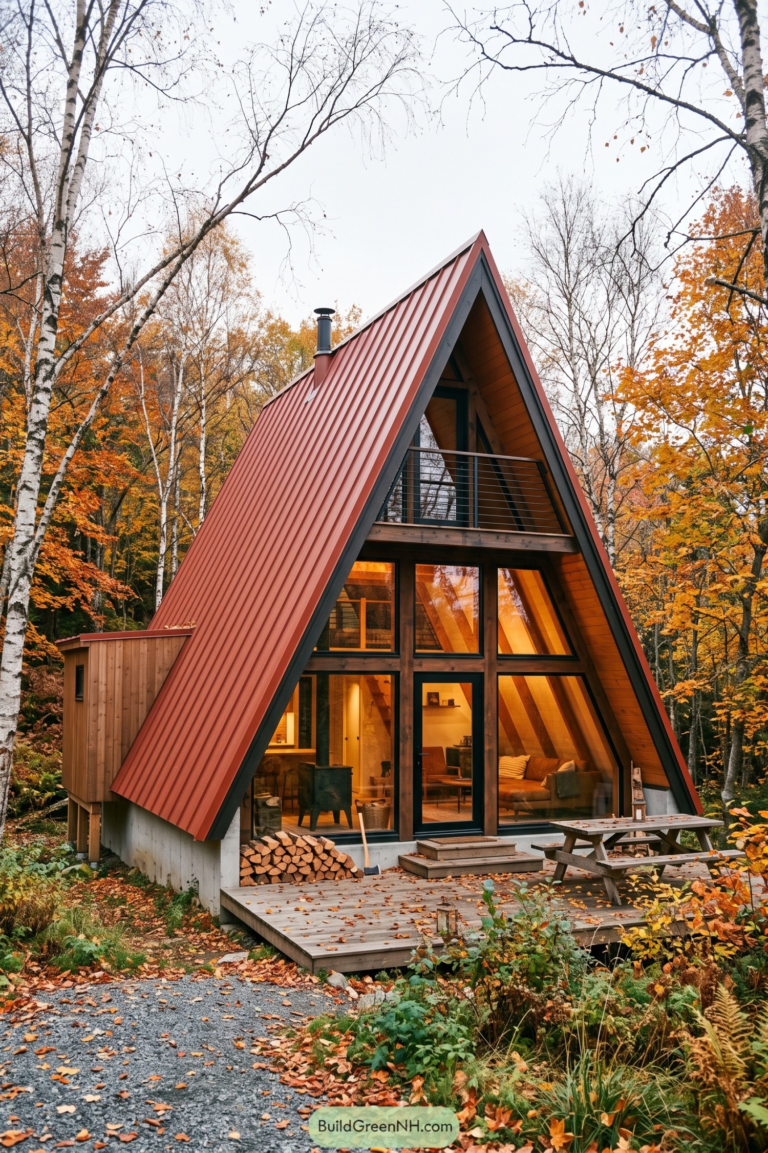 Red metal A-frame cabin among autumn birch trees