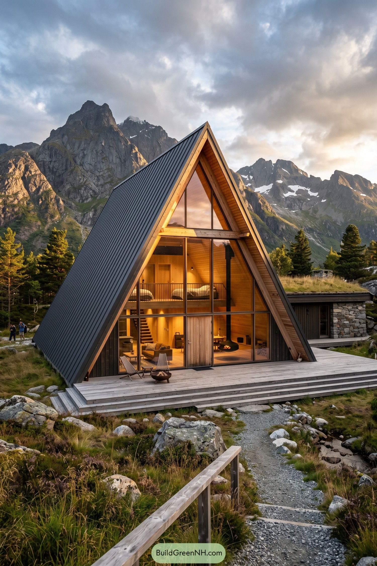 Modern timber A frame beneath rugged mountain peaks