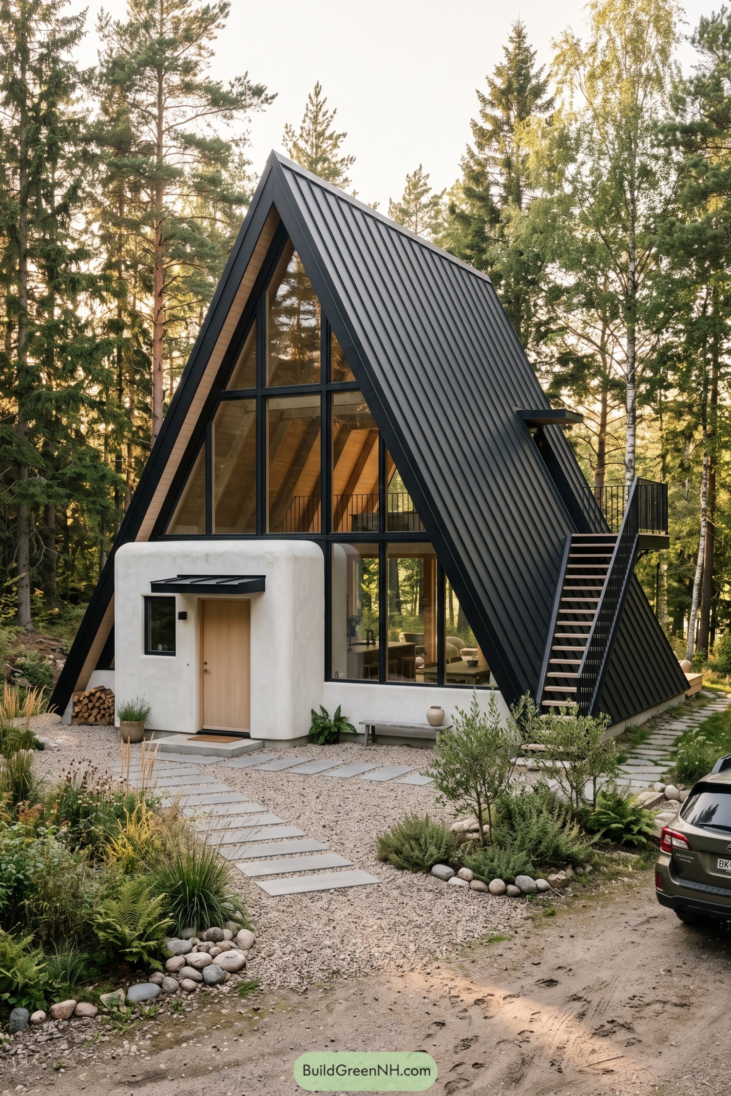 Black metal-clad A-frame cabin with exterior stair and forest glazing
