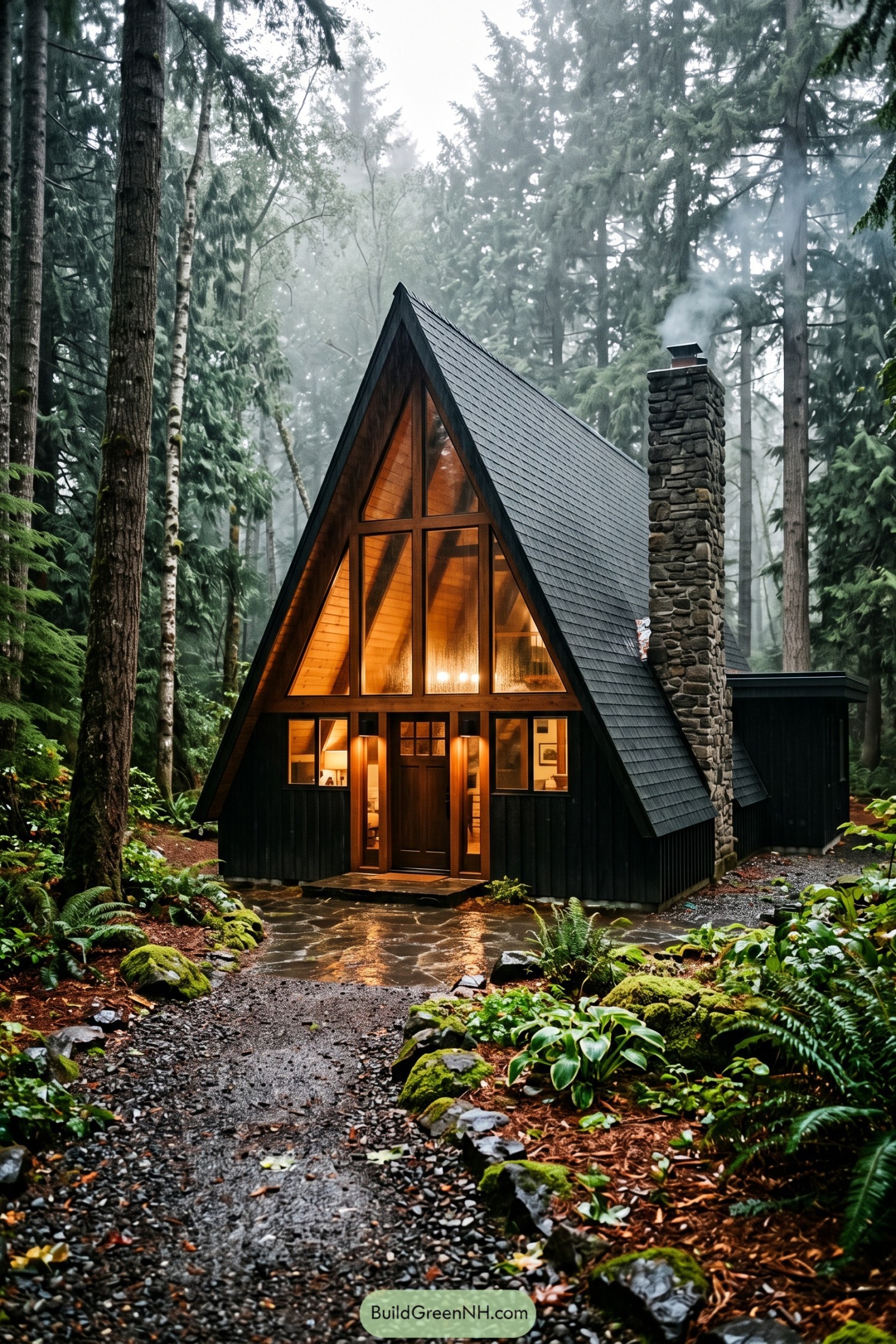 Black timber A frame with stone chimney in misty woodland