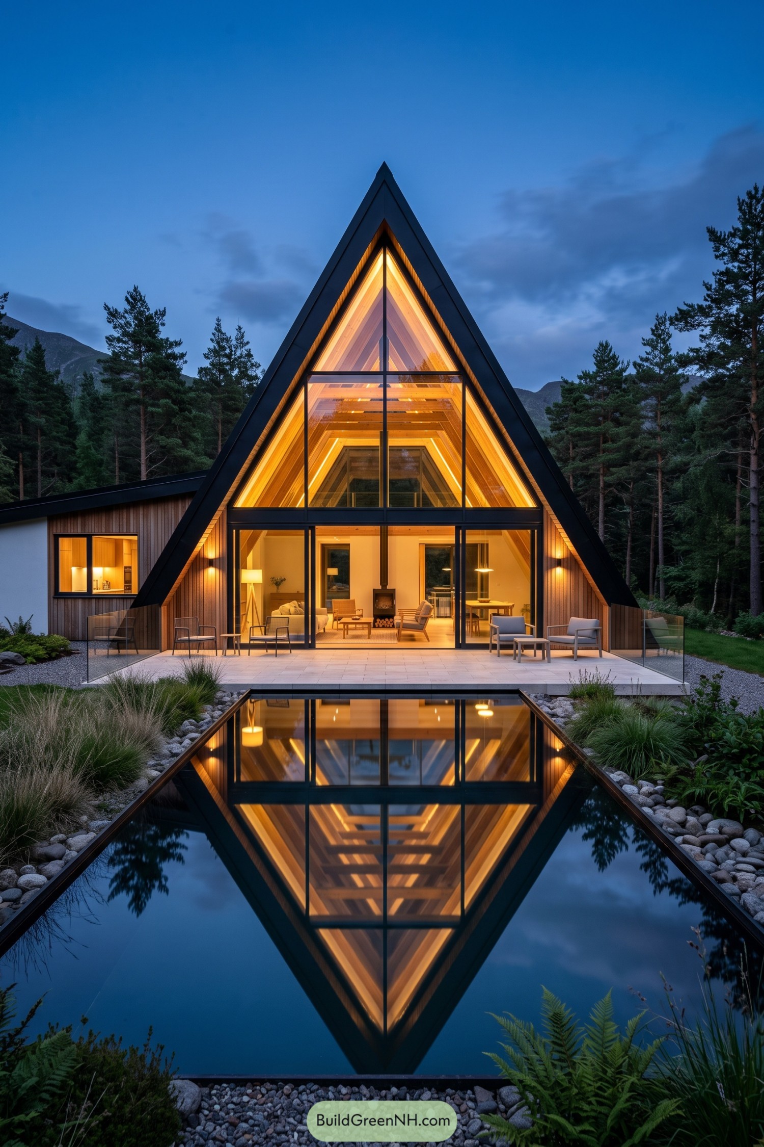 Black A frame cabin with glass facade reflected in a long pool