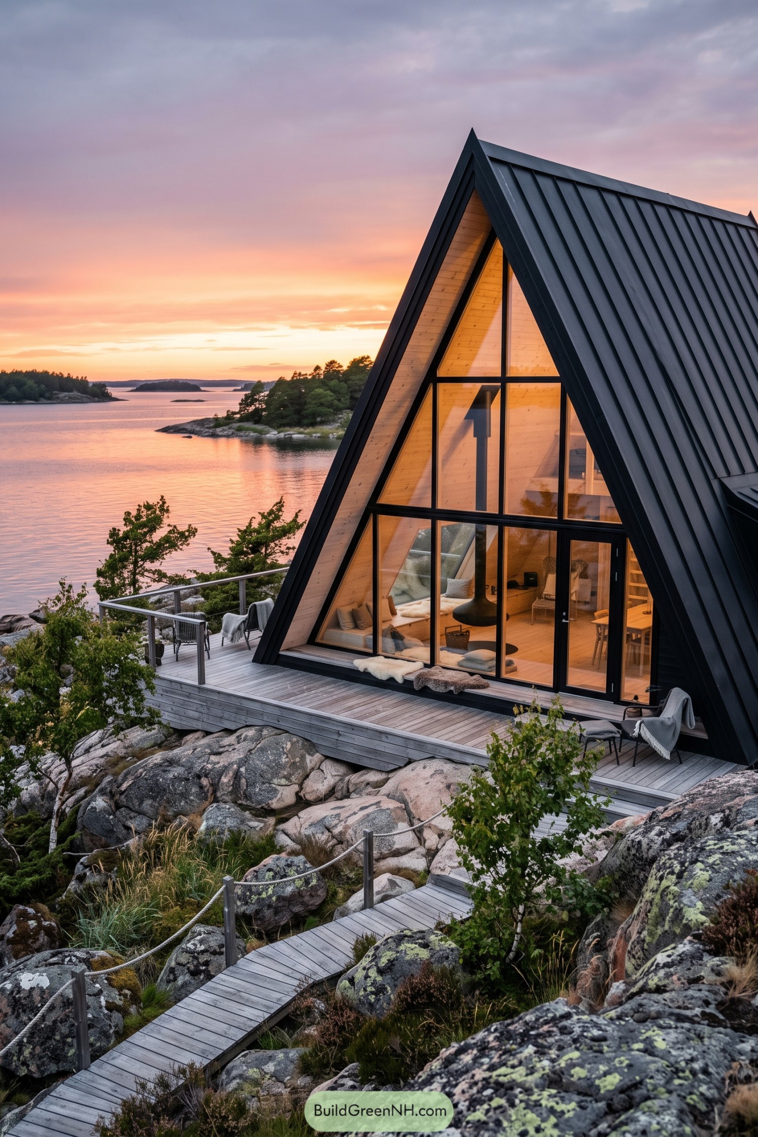 Black-clad A-frame cabin overlooking a rocky Nordic shoreline at sunset