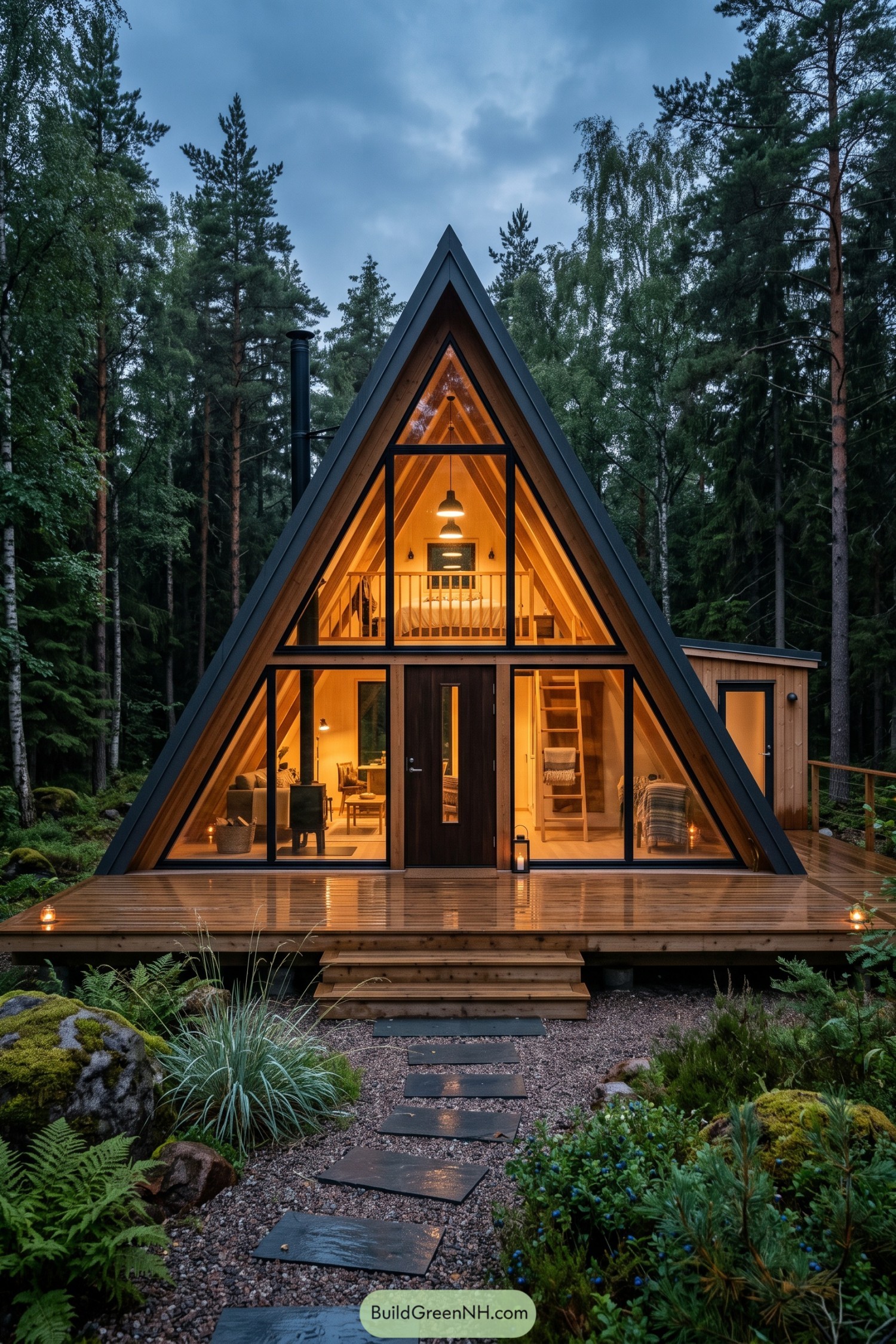 Timber A frame cabin with full height glazing in a wooded setting