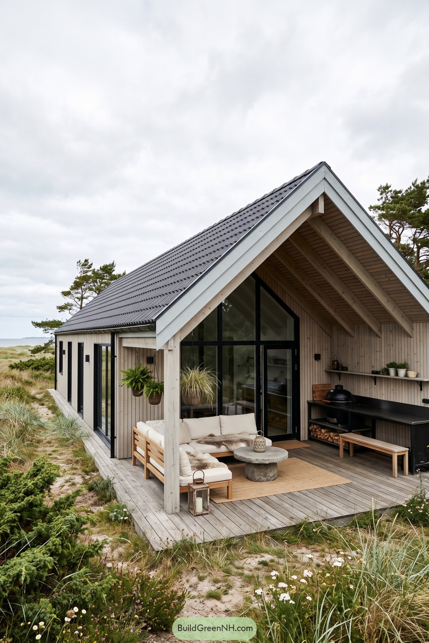 Scandinavian barn house with a sheltered deck porch