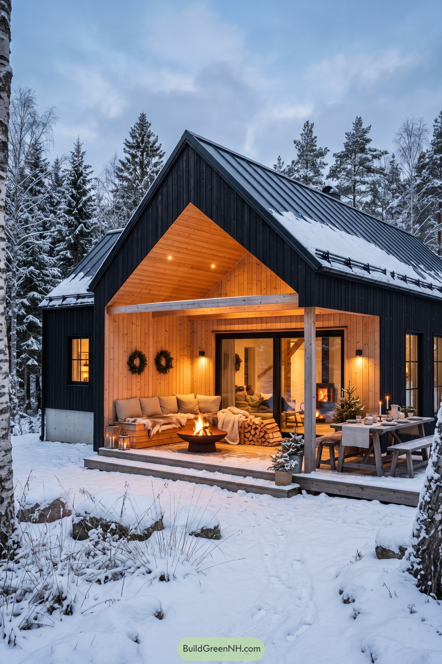 Black timber barn with a warm covered porch in snow