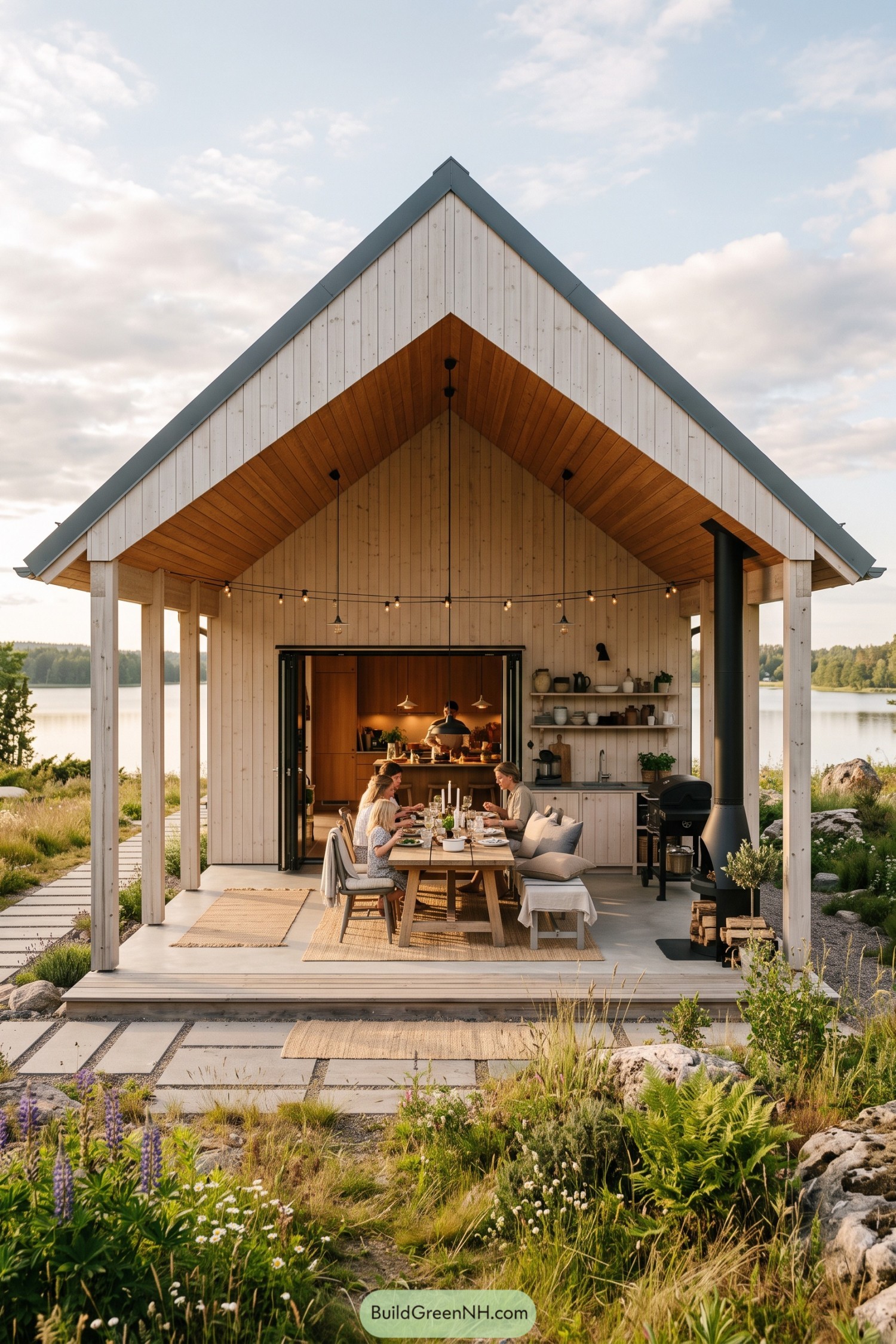 Covered porch barn with outdoor kitchen beside a lake