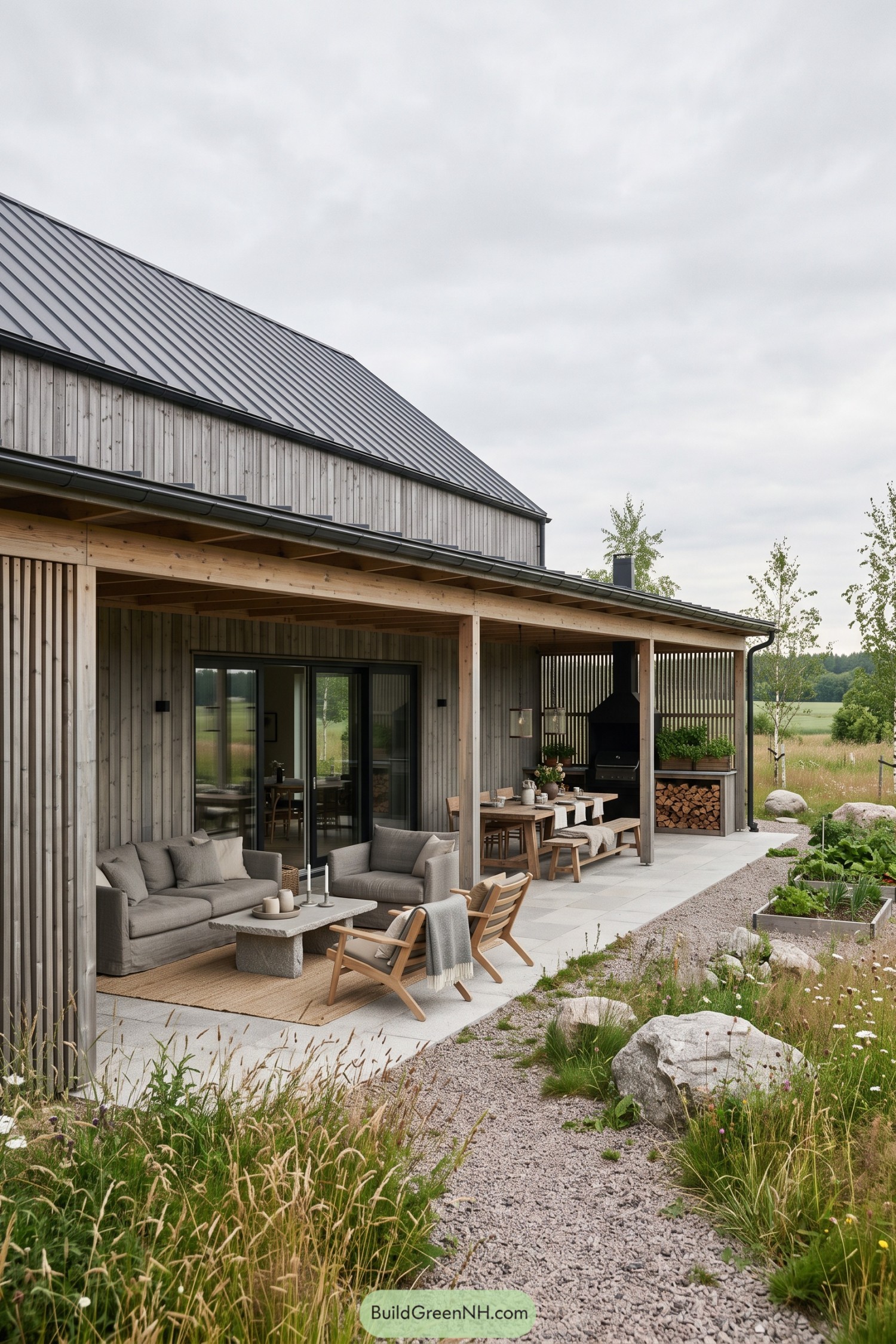 Timber barn house with a covered dining porch and outdoor grill