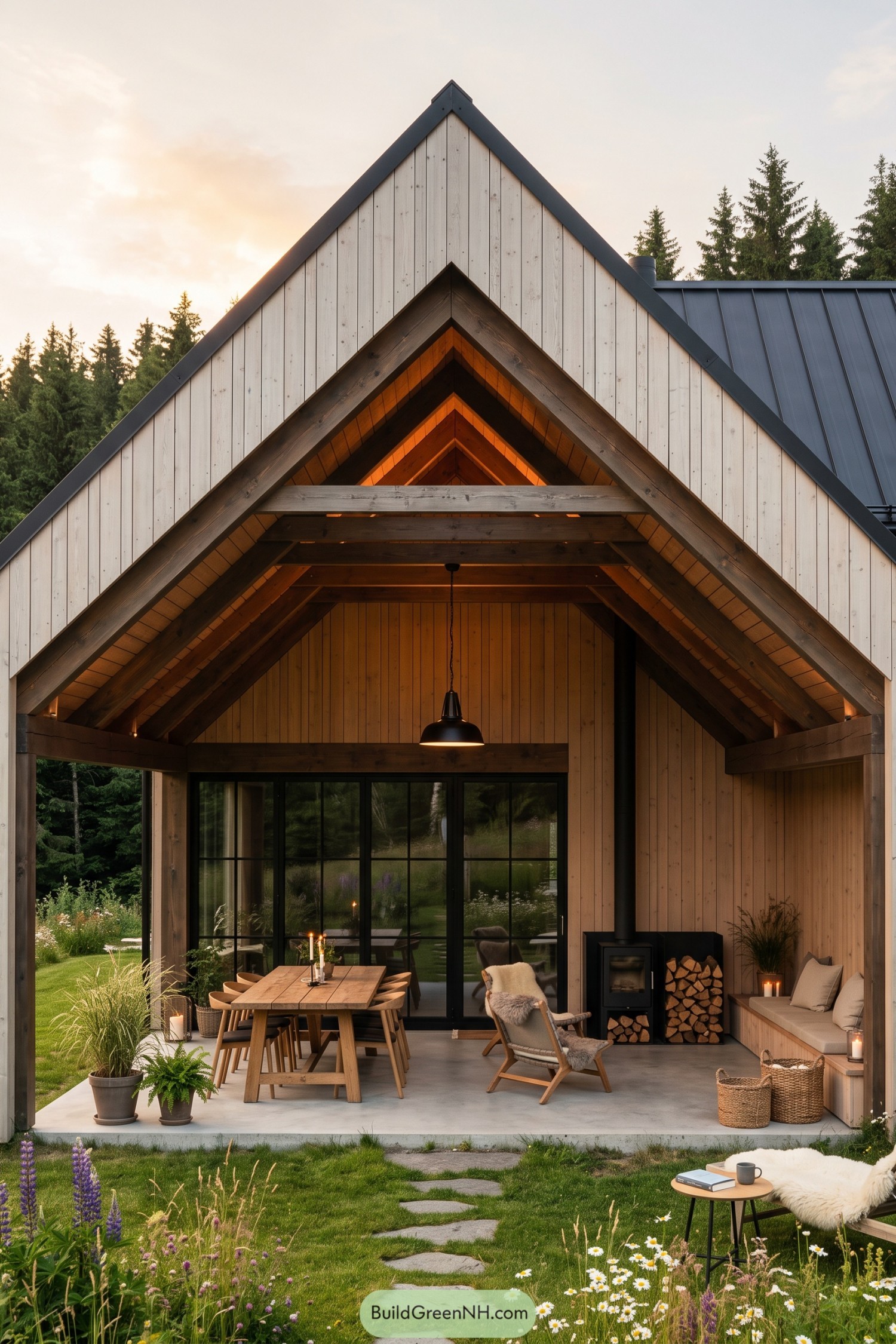 Covered gabled porch with dining area and wood stove
