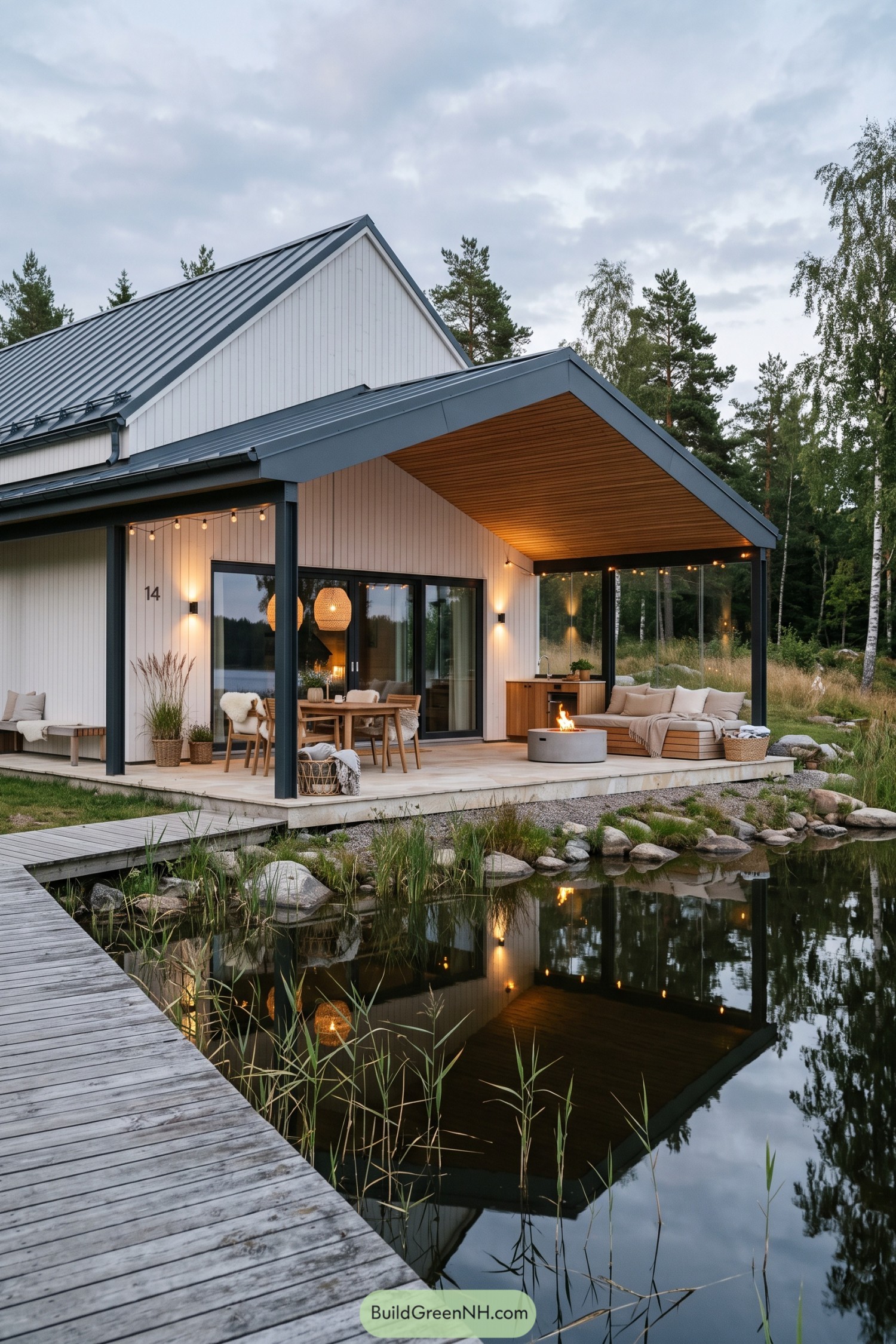 White timber barn with a covered waterside porch