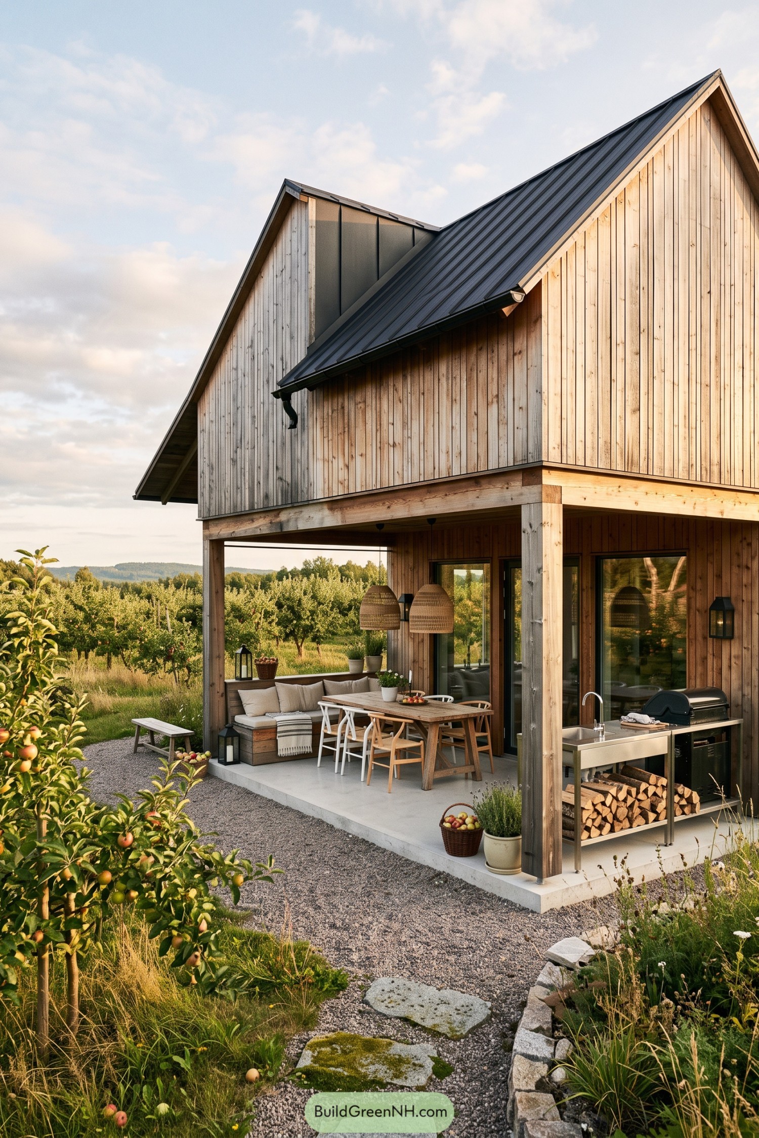 Timber barn house with covered outdoor kitchen beside an orchard