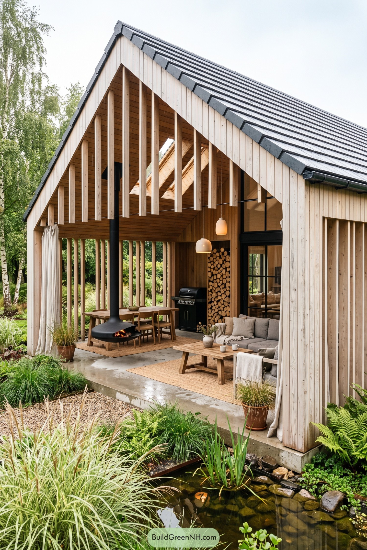 Timber barn porch with fire pit beside a pond