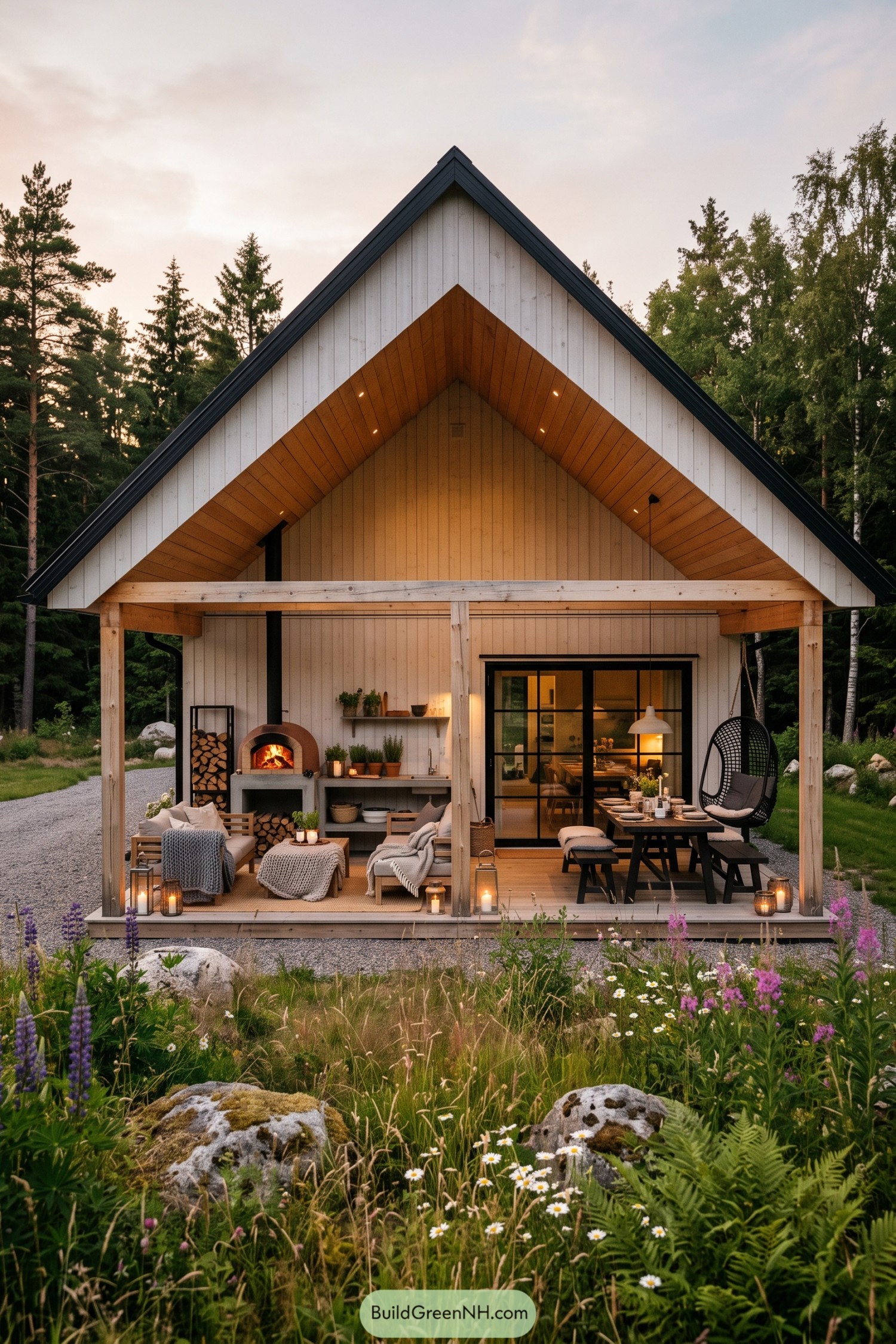 Scandinavian barn house with covered porch and outdoor oven