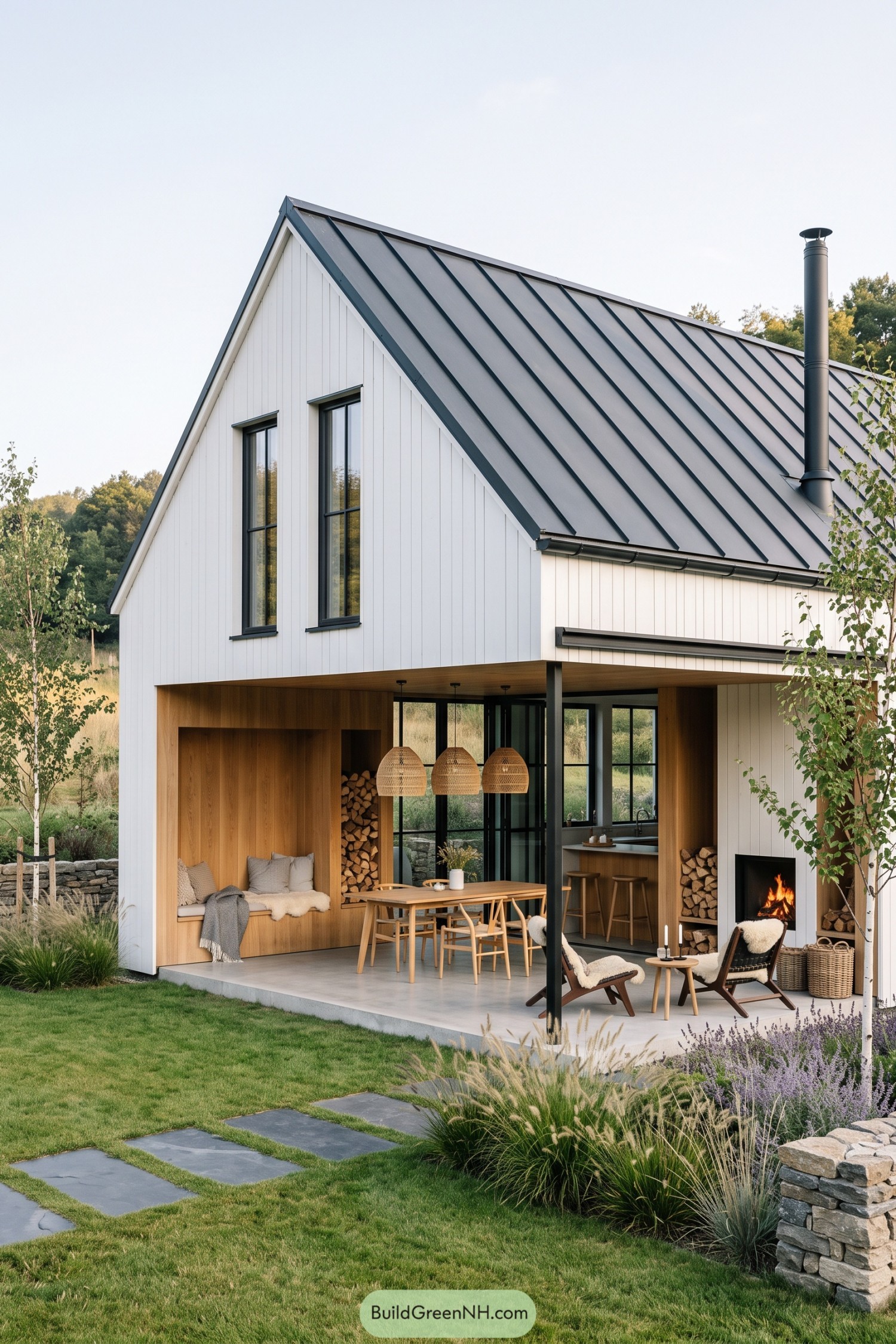 White Scandinavian barn house with a covered dining porch and outdoor fireplace