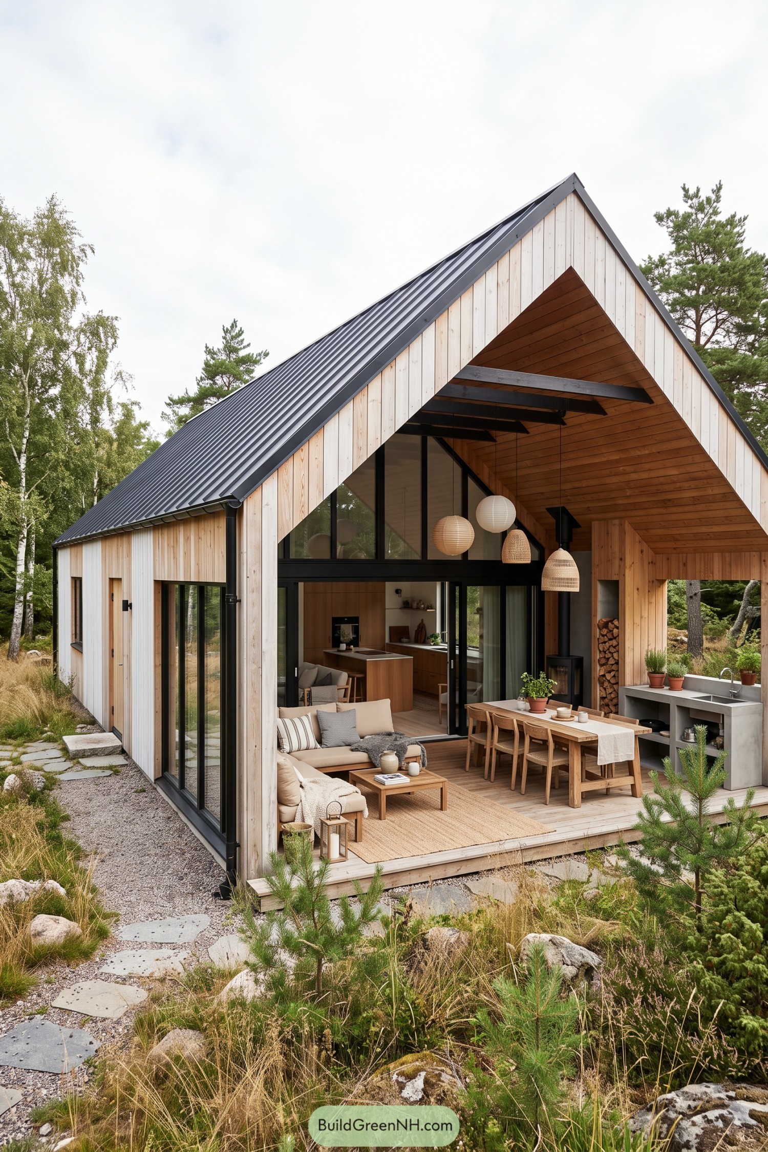 Timber barn house with covered outdoor dining porch