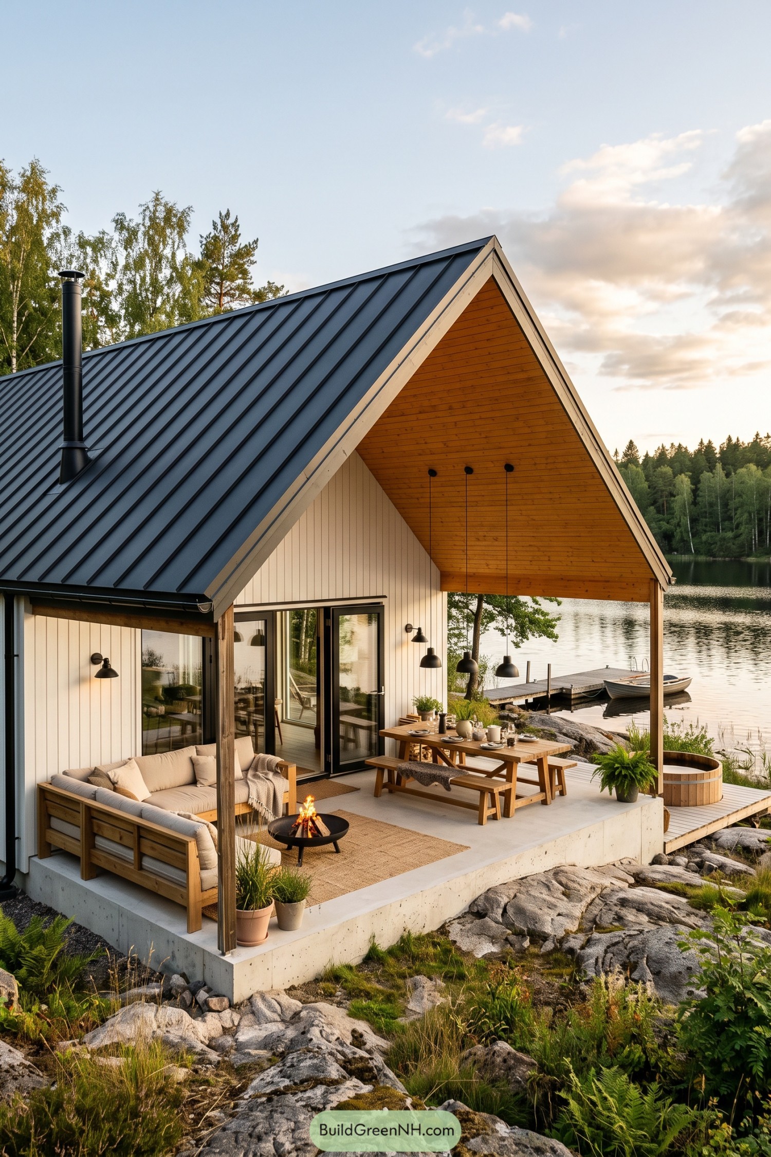 White barn house with a covered lakeside porch