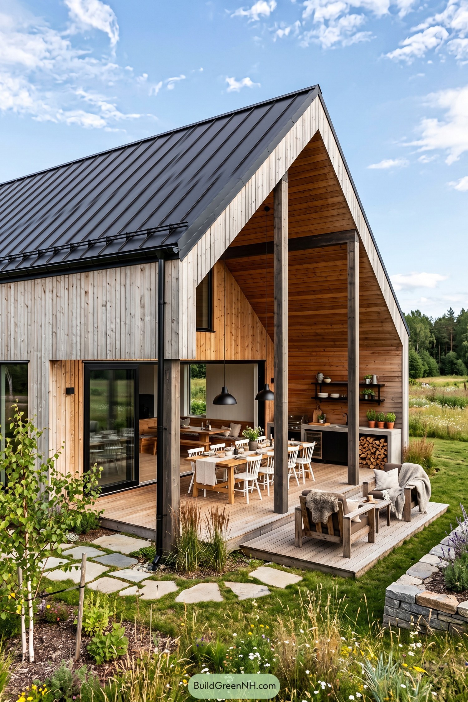 Scandinavian barn house with covered dining porch