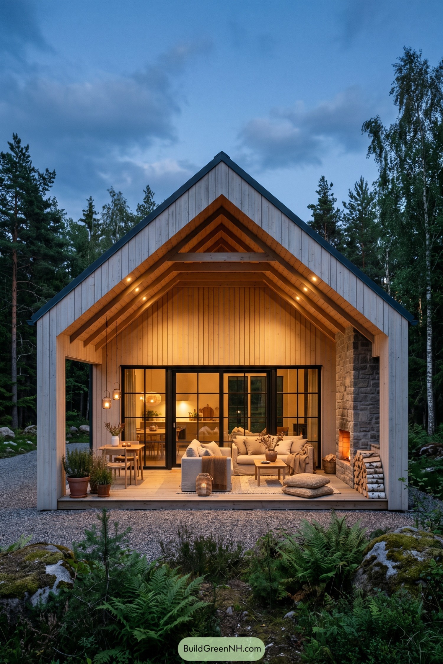 Scandinavian barn house with a covered porch and stone fireplace