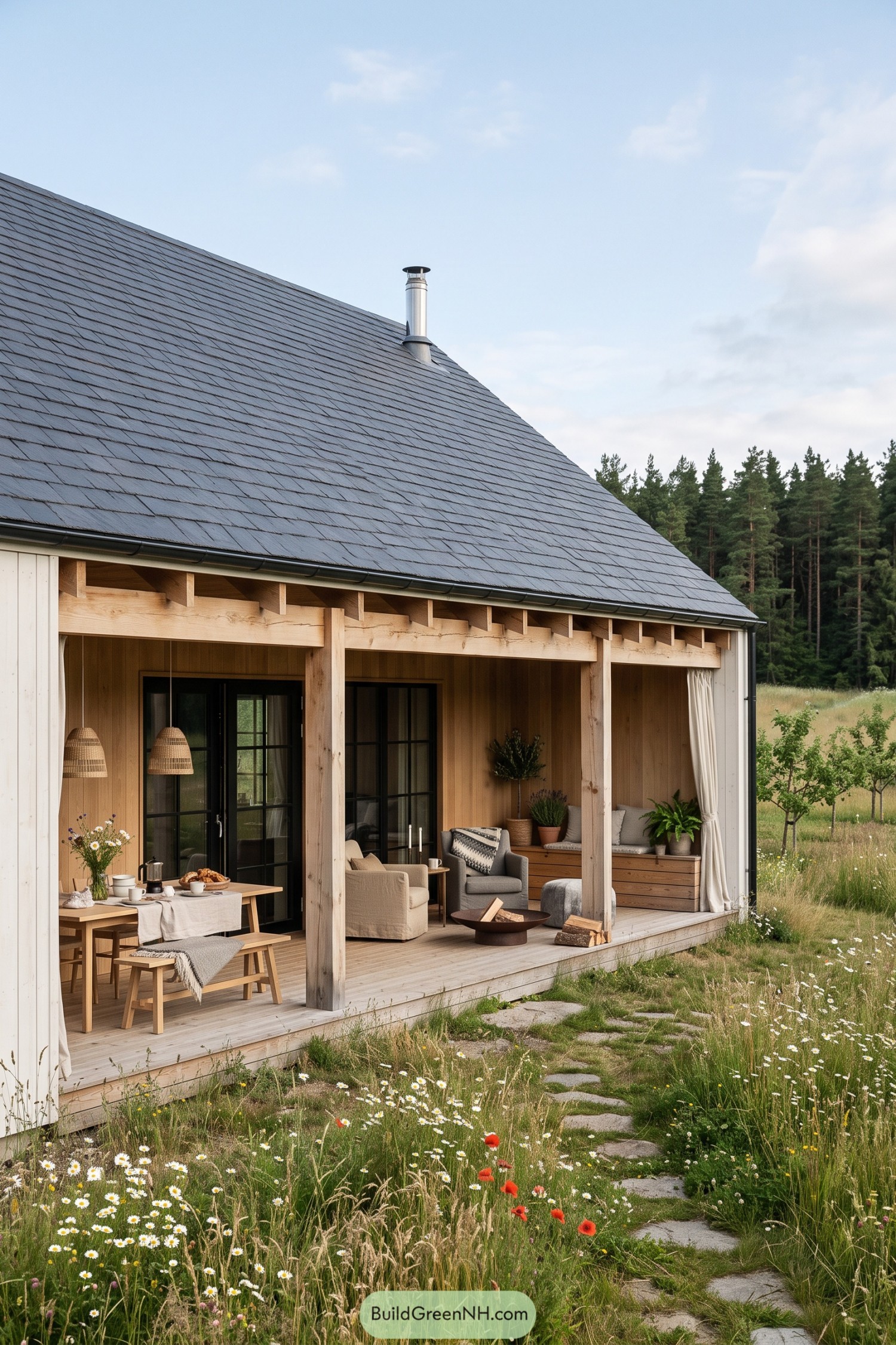Timber barn house with a covered porch beside wildflower meadow