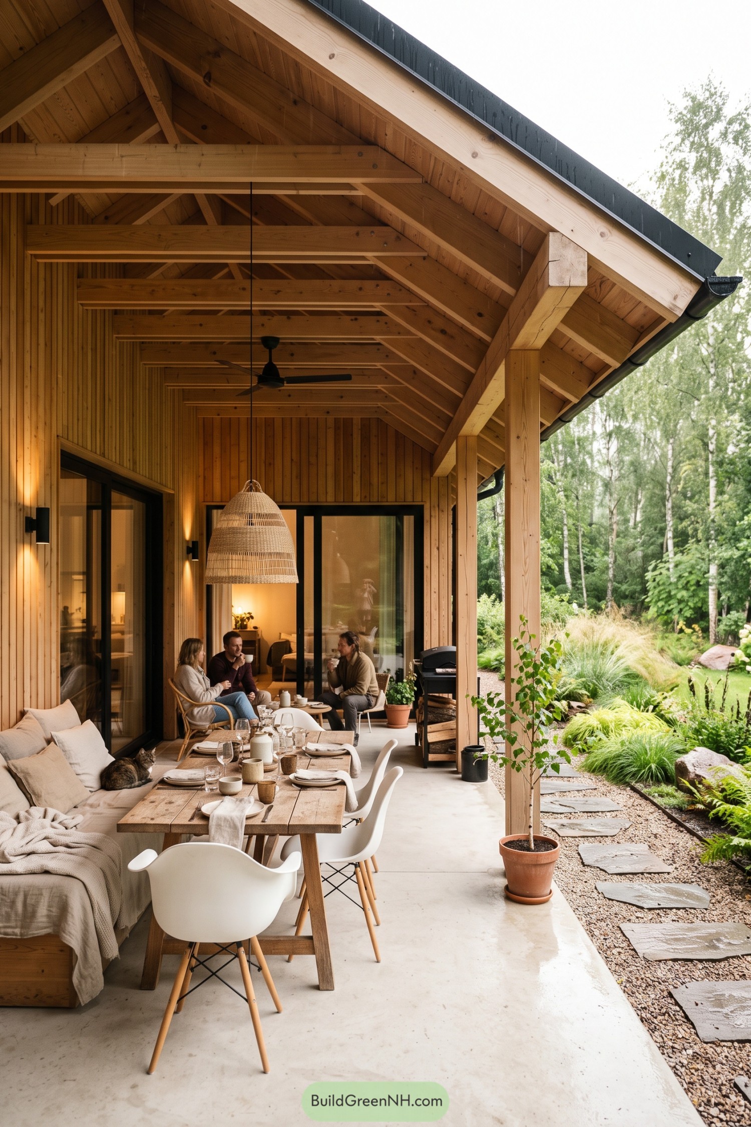 Timber covered porch with dining table beside a birch garden