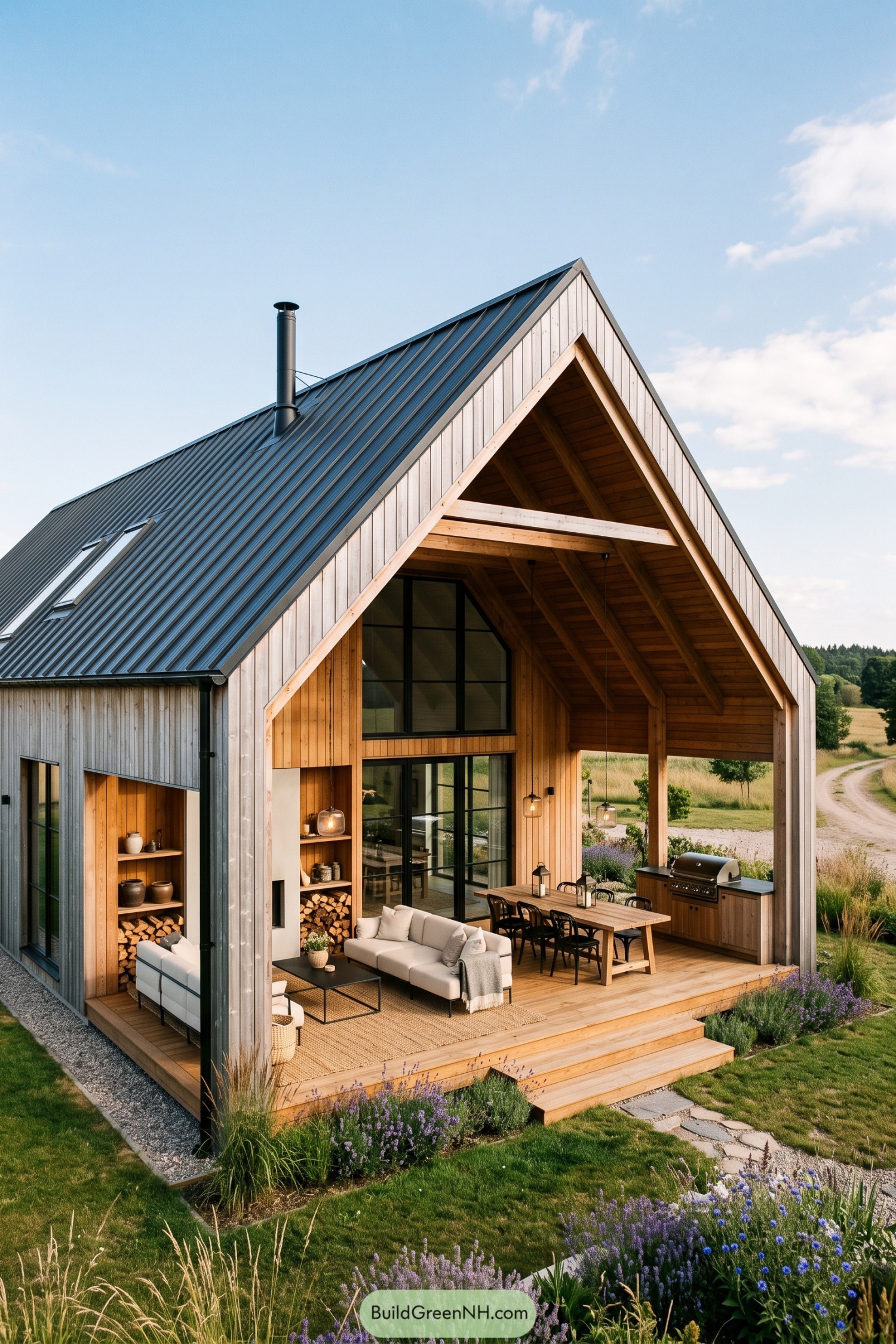 Timber barn house with a deep covered patio