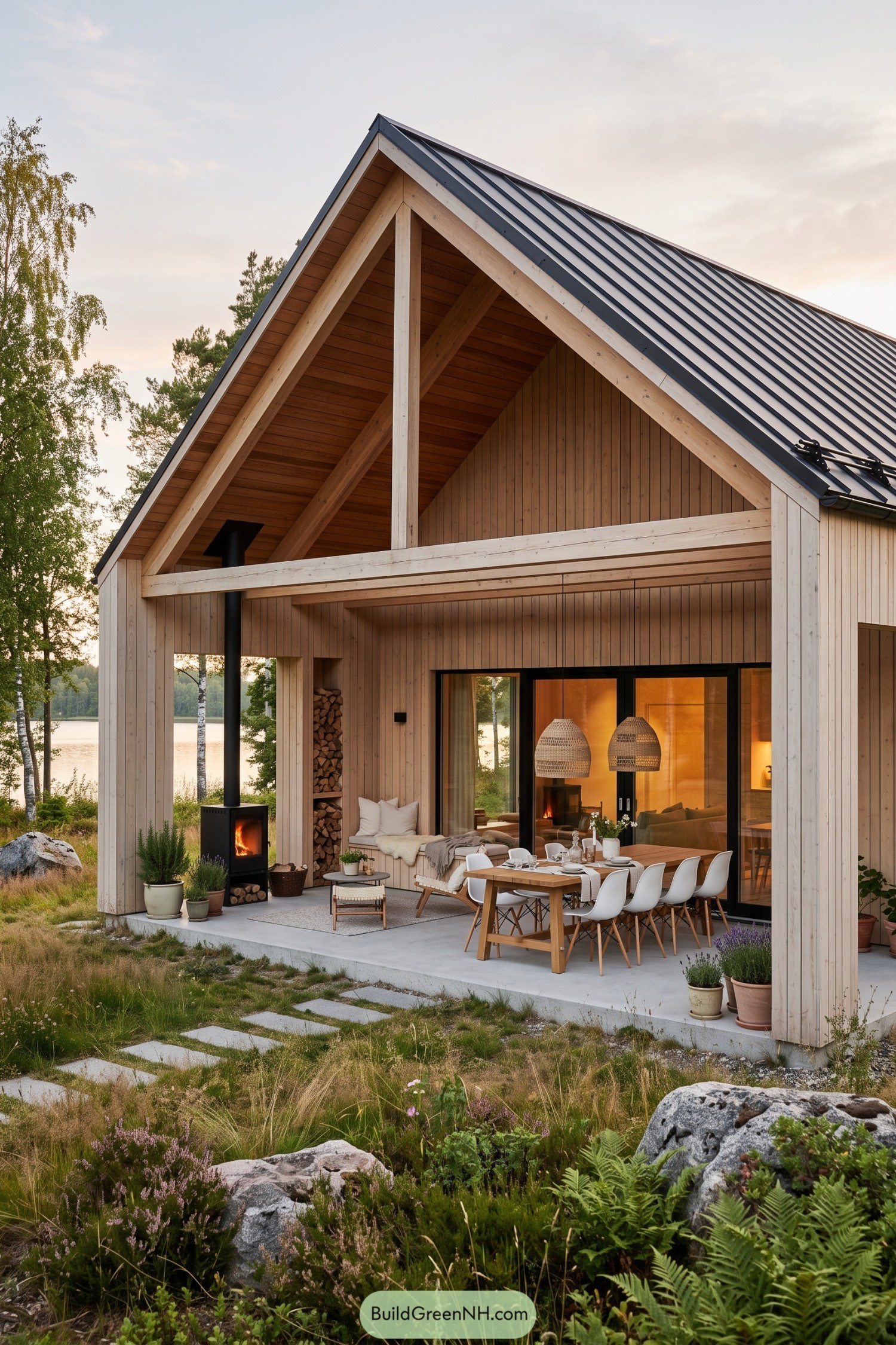 Timber barn house with covered lakeside dining porch