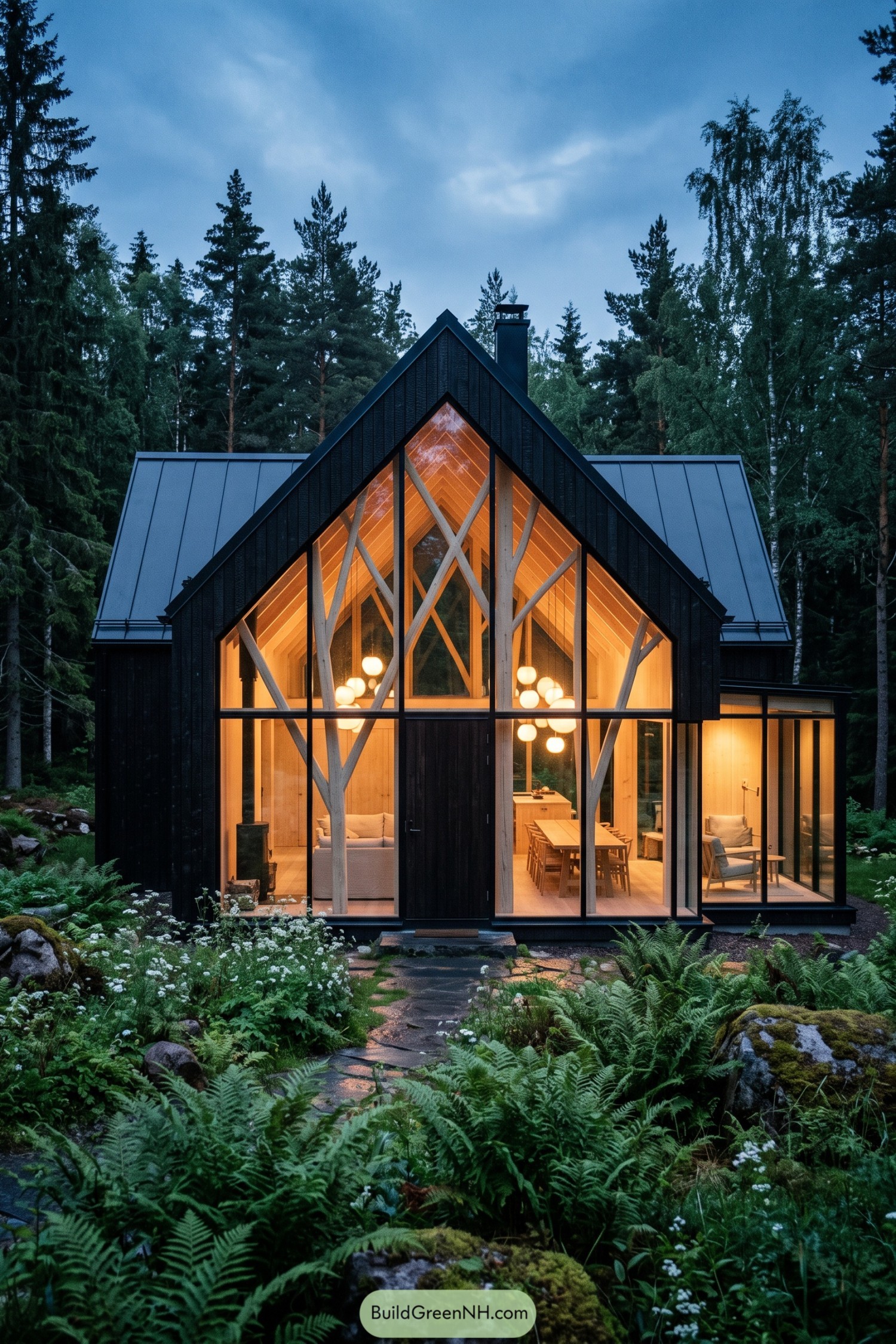 Black gable house with glass facade in woodland