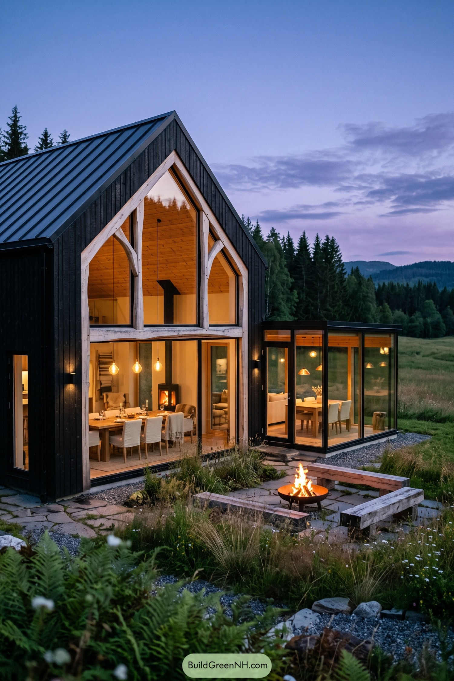 Black gable house with timber-framed windows and fire pit