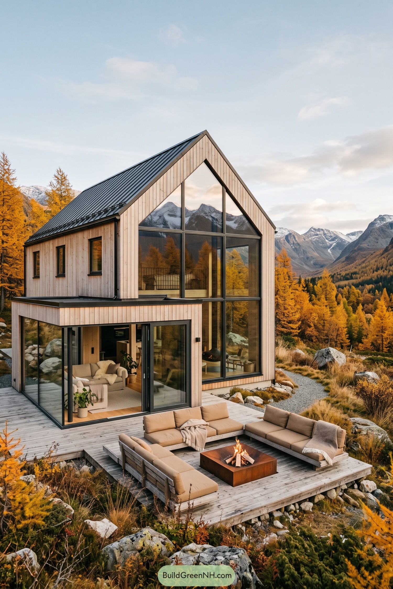 Timber gable house with glass façade and mountain deck