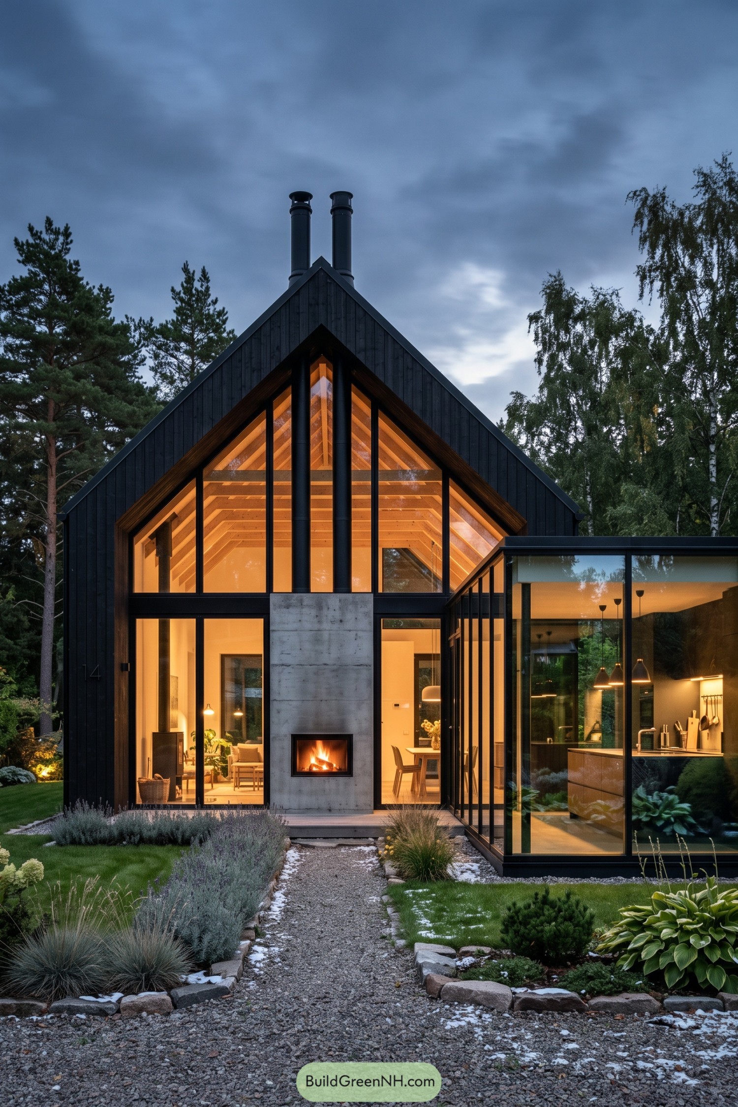Black timber gable home with glazed wing and central fireplace