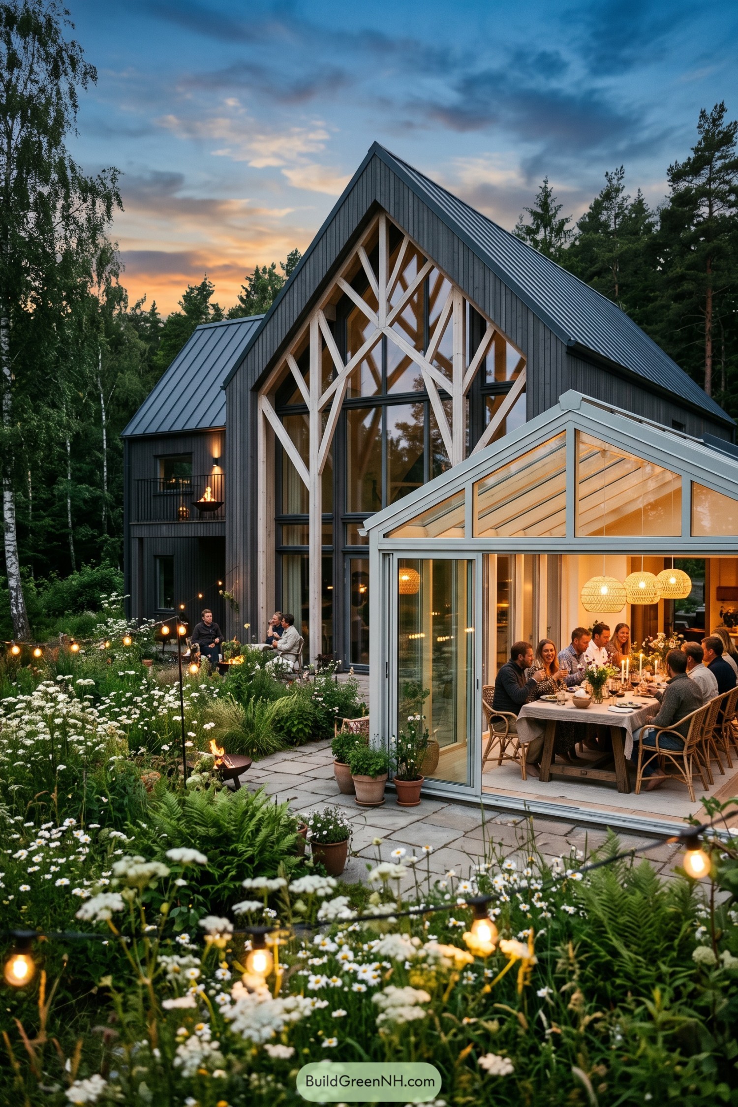 Black gable home with timber framing and glass dining pavilion