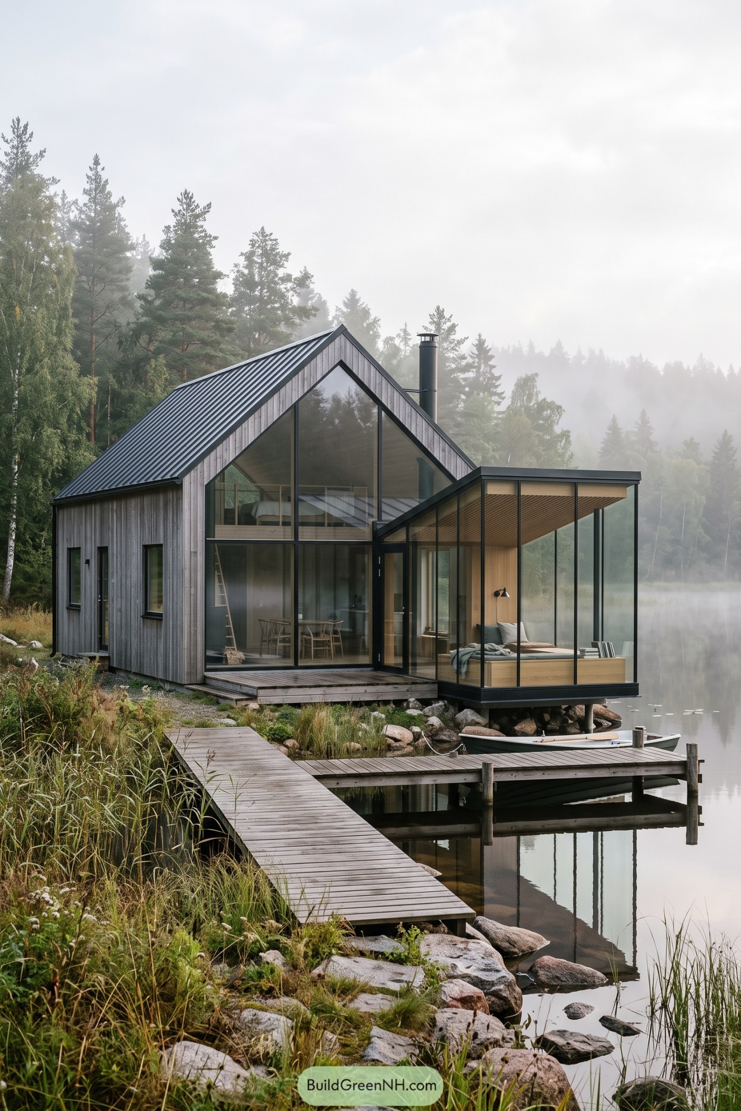Dark timber gable cabin with glass waterside bedroom and dock
