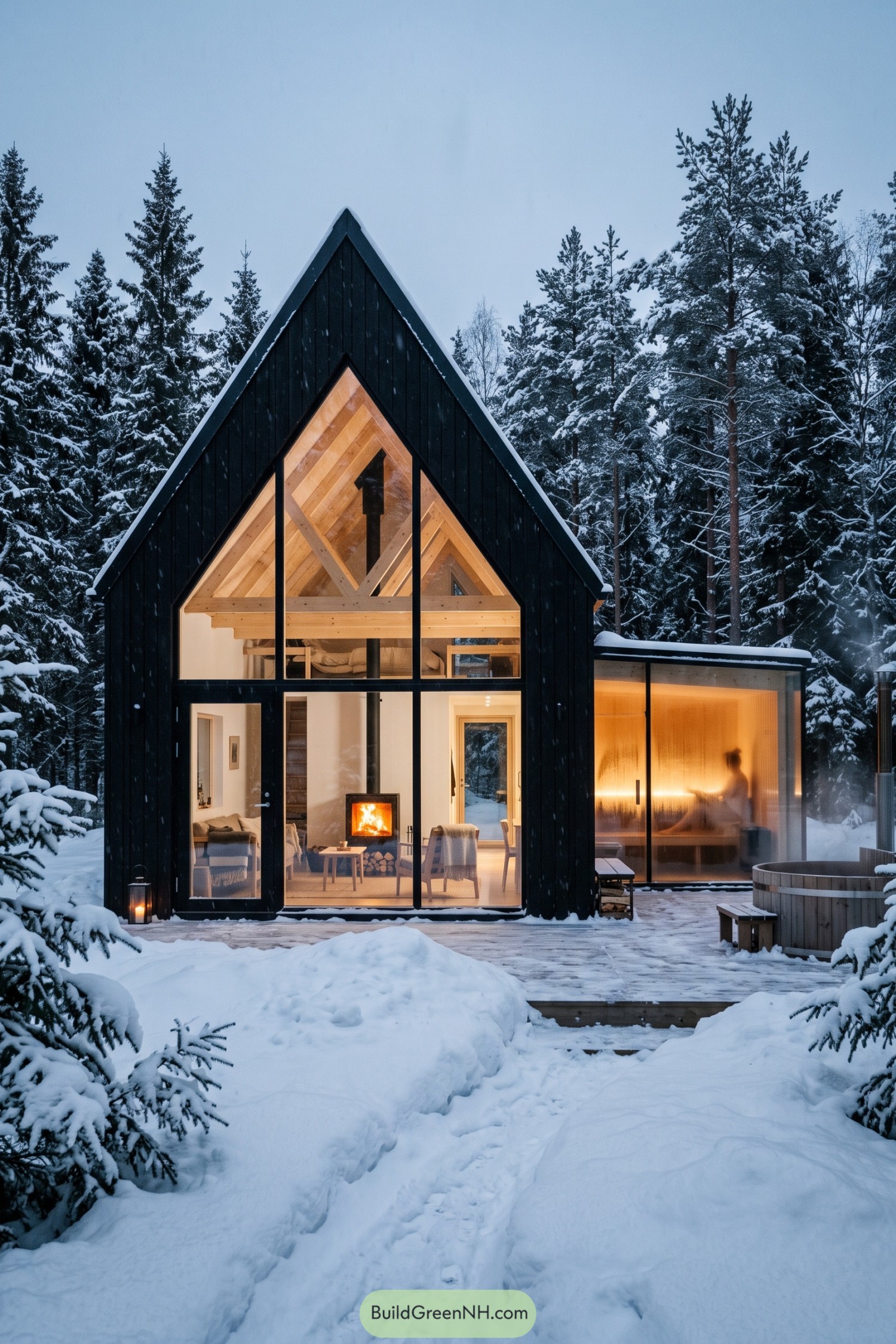Black gable cabin with glowing windows in snowy pines