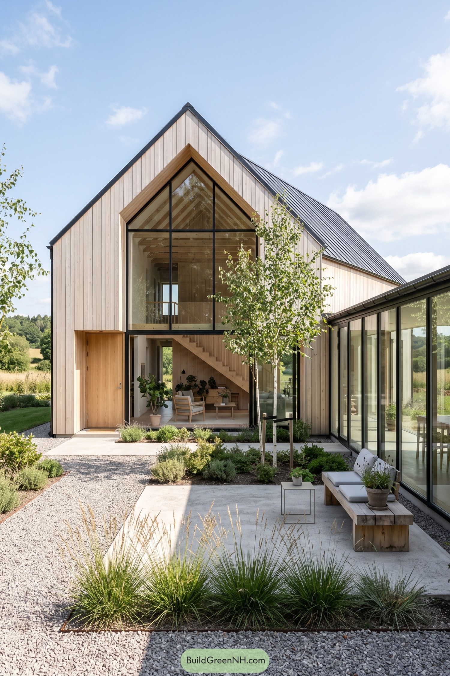 Timber gable house with glazed entry and garden courtyard